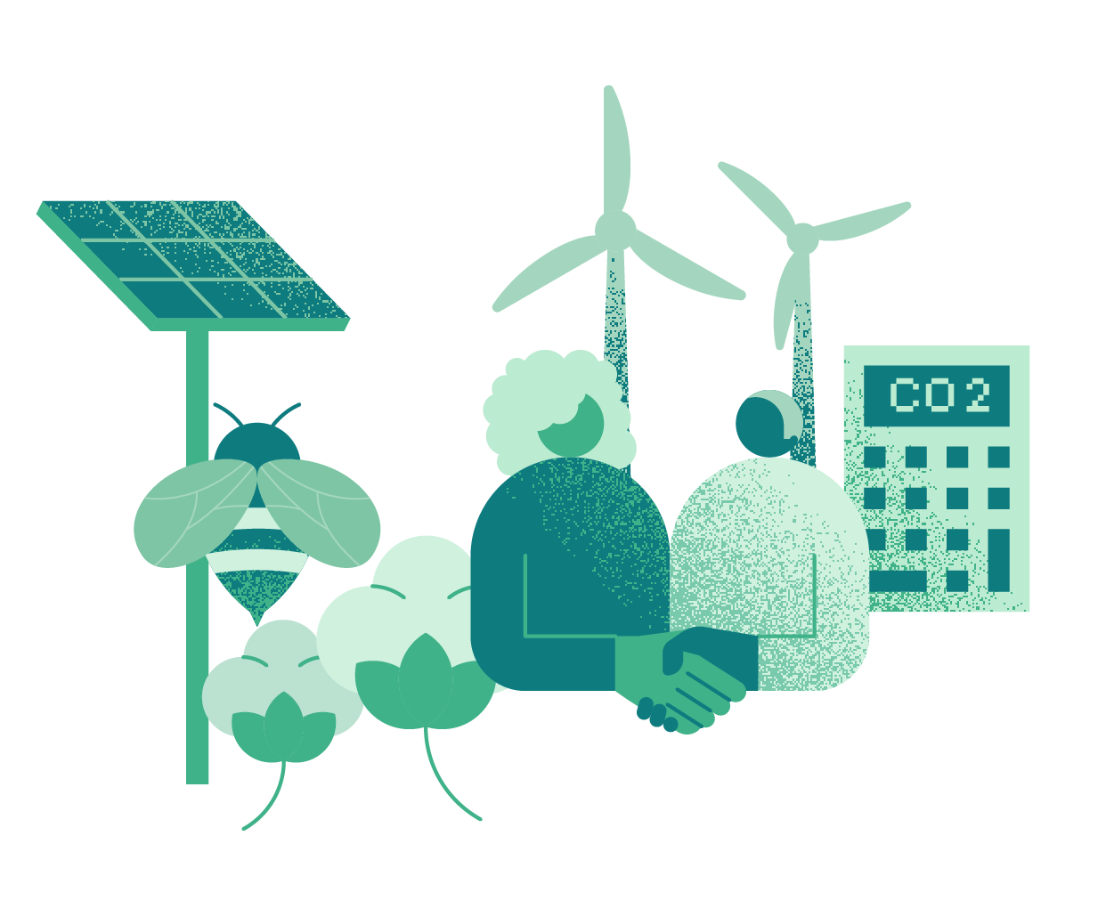 Ilustração composta por elementos que se referem a sustentabilidade como paineis solares plantas abelha e pessoas