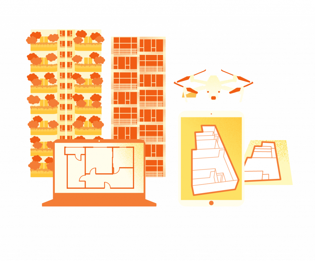 Ilustração contendo objetos relacionados a construção civil, um prédio, plantas de construção e um drone