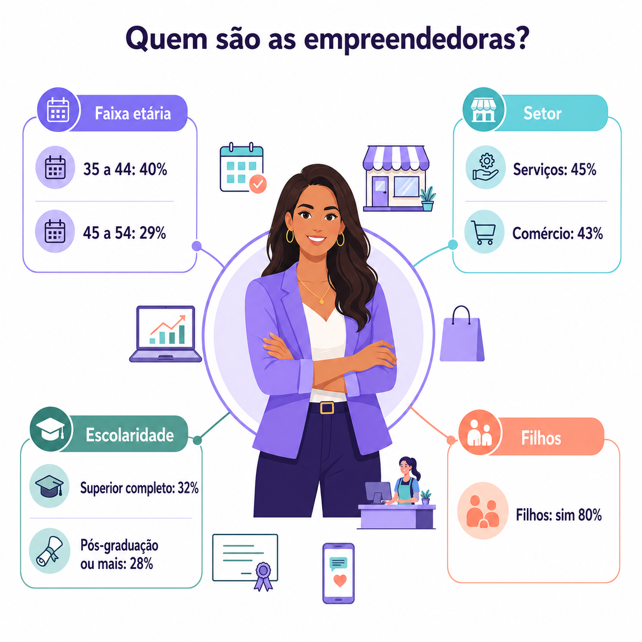 “Infográfico em mapa conceitual sobre empreendedorismo feminino, mostrando perfil das empreendedoras no Paraná por faixa etária, setor, escolaridade e presença de filhos.”