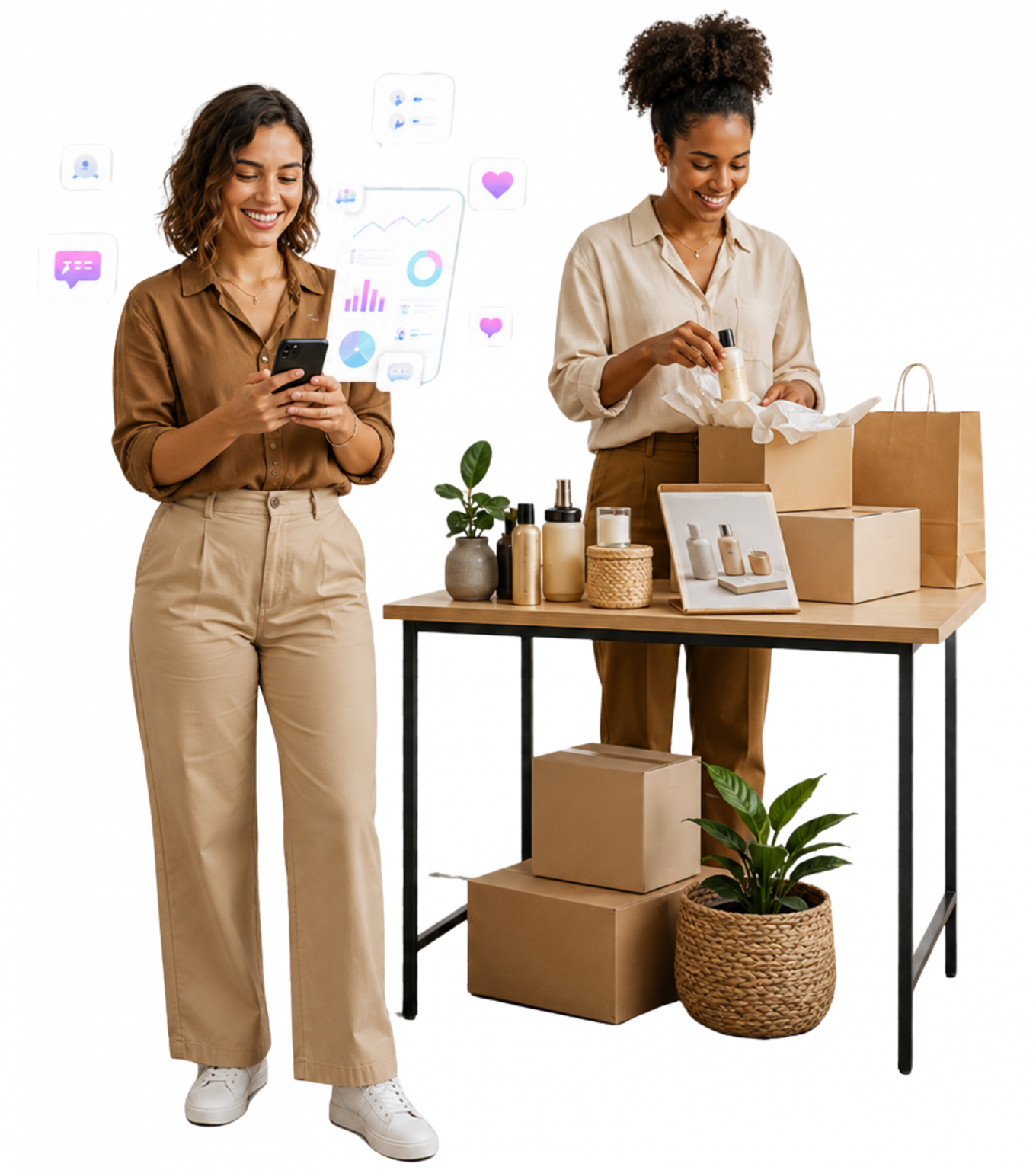 “Cena realista de duas pessoas brasileiras trabalhando com produtos e celular, representando redes sociais como vitrine, atendimento e apoio à venda em pequenos negócios.”
