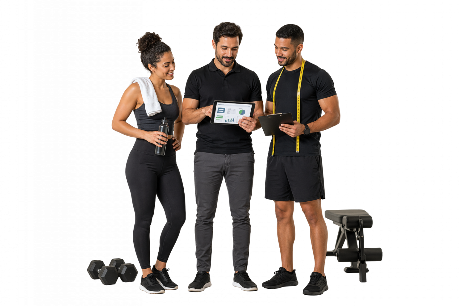 Cena realista com profissionais do segmento fitness em composição central, com halteres, tablet e elementos de gestão, representando expansão das academias, empreendedorismo e organização do negócio no Paraná.