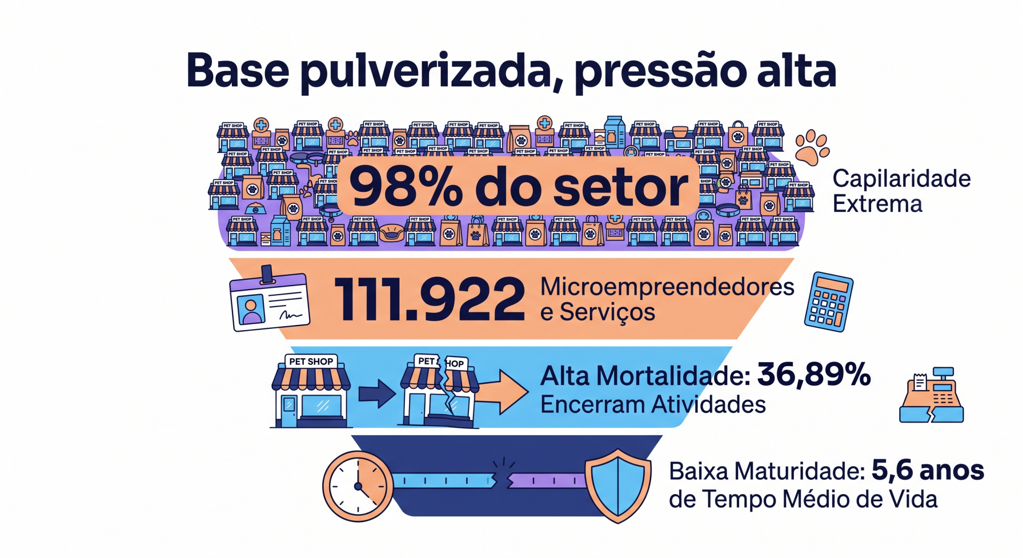 Infográfico sobre a base empresarial do setor pet, destacando predominância de pequenos negócios, volume de MEIs, taxa de mortalidade e tempo médio de maturidade; a imagem explica a pressão competitiva do segmento.