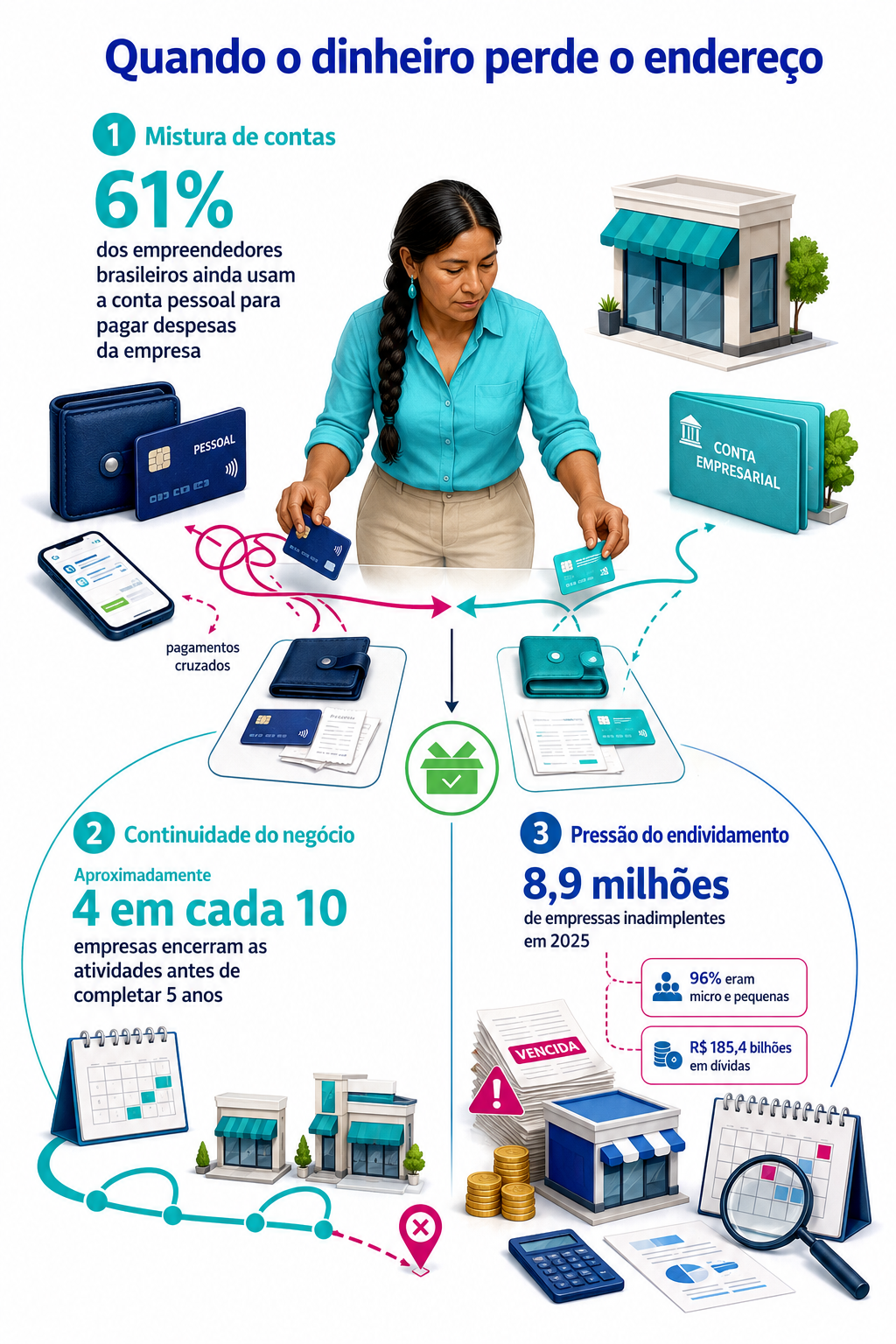 Empreendedora separa contas pessoais e empresariais enquanto indicadores mostram mistura financeira, encerramento precoce de negócios e inadimplência entre pequenas empresas.