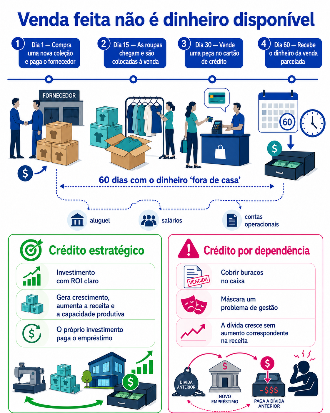 Linha do tempo mostra uma loja pagando o fornecedor, recebendo o estoque, vendendo no cartão e aguardando o recebimento, além de comparar dois usos do crédito.