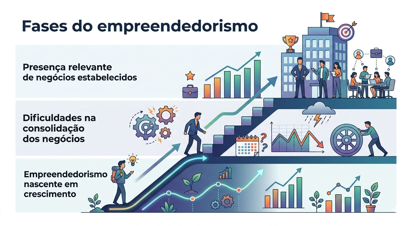 Ilustração em camadas representando fases do empreendedorismo, com destaque para criação, consolidação e negócios estabelecidos