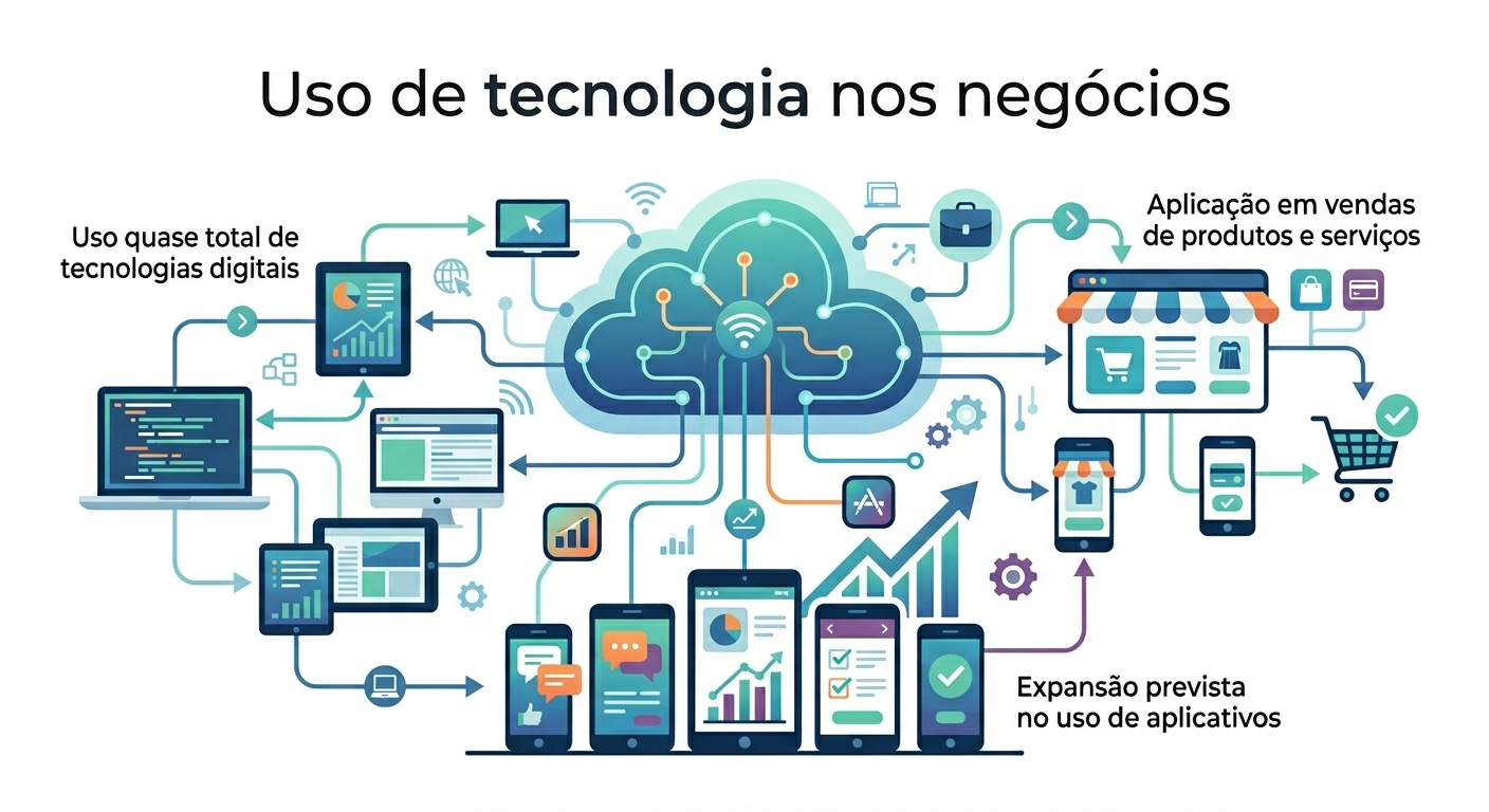 Diagrama visual de uso de tecnologia nos negócios, mostrando conexão entre aplicativos, vendas e ferramentas digitais