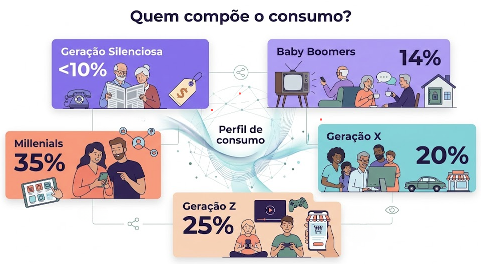 “Mapa conceitual sobre perfil de consumo, com cinco gerações e seus percentuais de participação, para mostrar a diversidade de públicos abordada no conteúdo.”