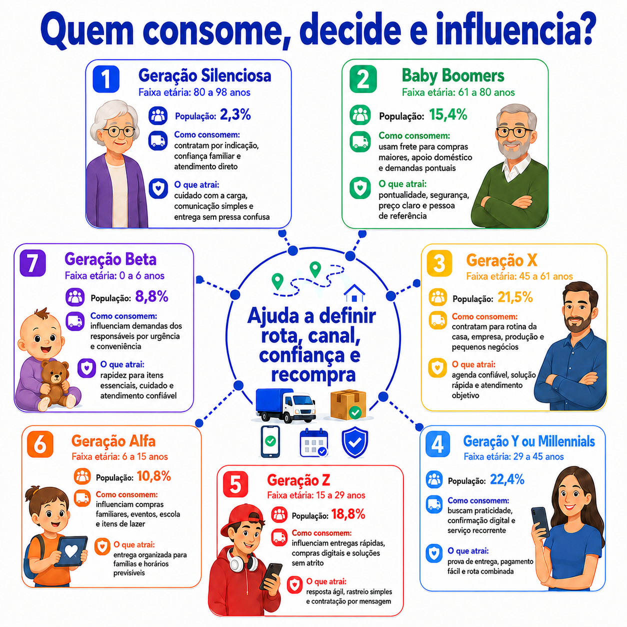 “Infográfico de radar geracional para frete local em Capanema, indicando população, forma de consumo e fatores de atração por geração para orientar oferta, atendimento e comunicação.”