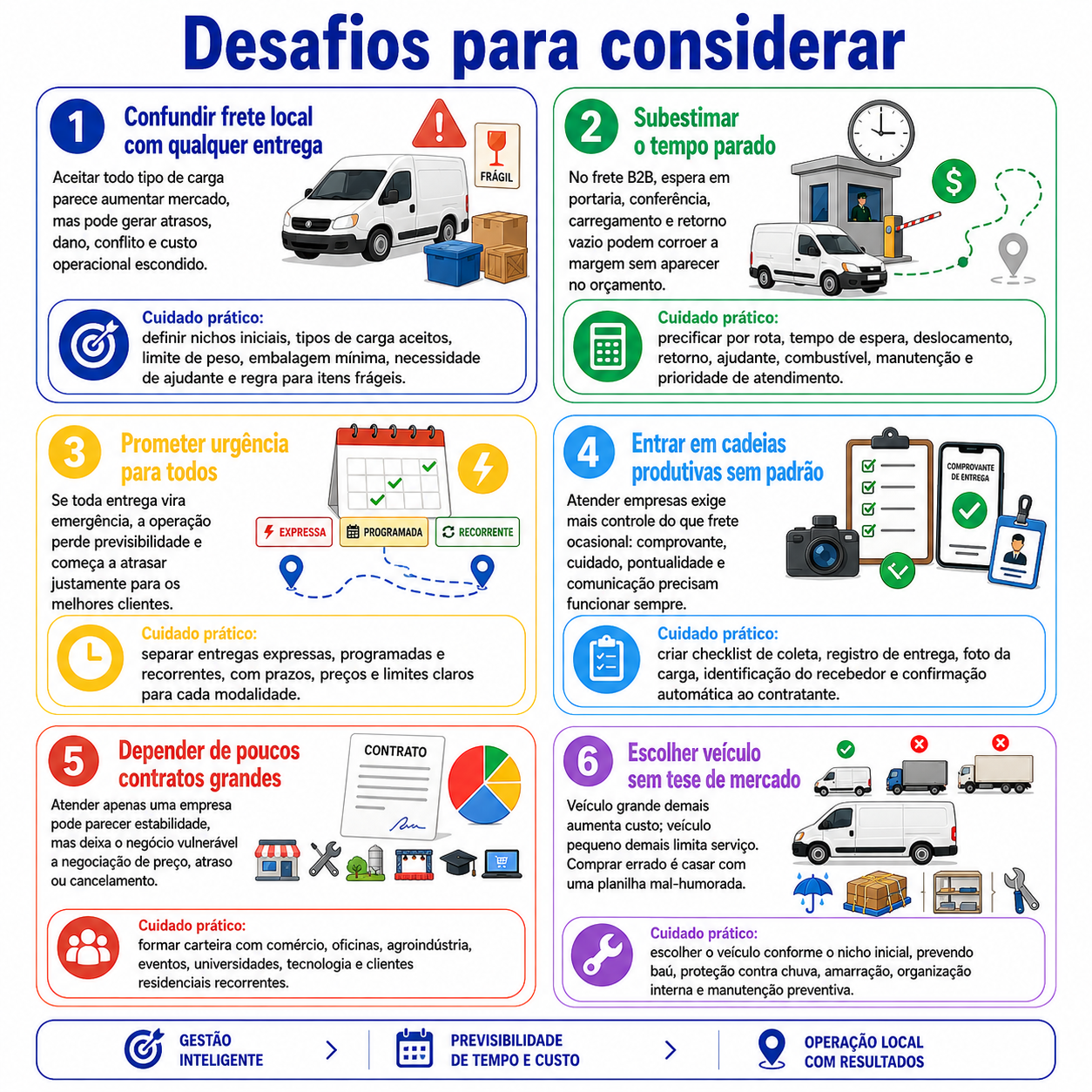 “Infográfico com seis desafios para considerar antes de abrir um frete municipal em Dois Vizinhos, com cuidados sobre nicho, tempo parado, urgência, padrão, contratos e veículo.”