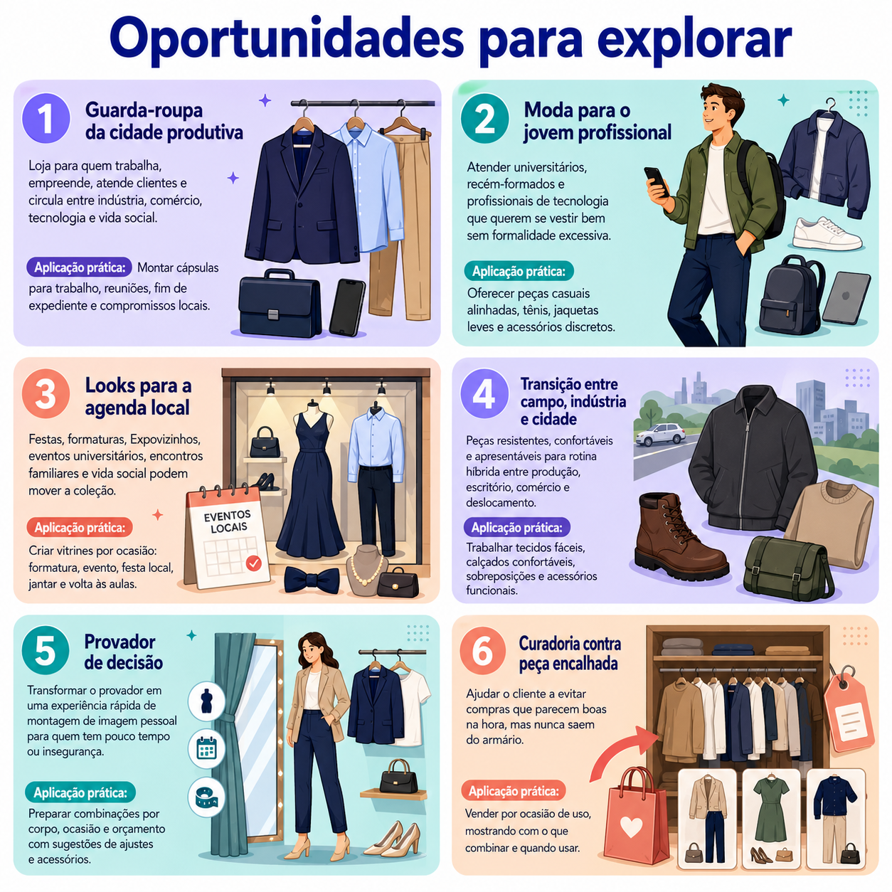 Infográfico “Oportunidades para explorar” com seis caminhos para abrir uma loja de vestuário e acessórios em Dois Vizinhos, incluindo moda para rotina produtiva, jovem profissional, agenda local, atualização rápida, provador por ocasião e pré-venda digital.