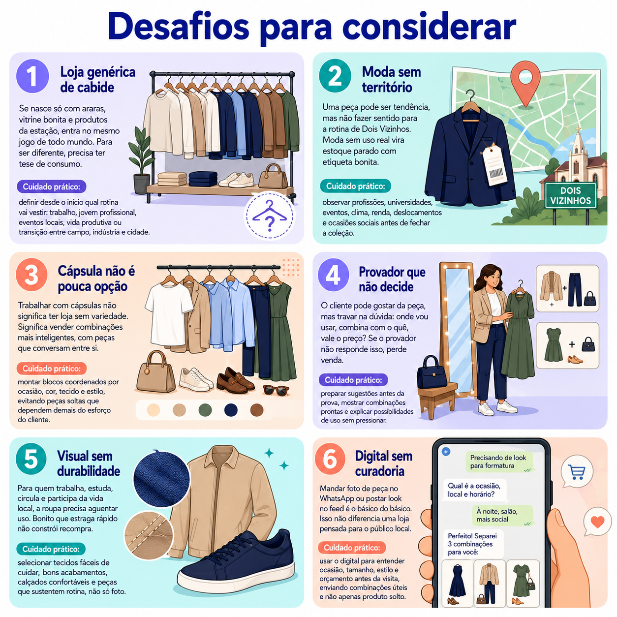Infográfico “Desafios para considerar” com seis cuidados para abrir uma loja de vestuário e acessórios, abordando compra sem território, arara cheia demais, tendência sem uso, atendimento passivo, valor pouco claro e digital sem contexto.