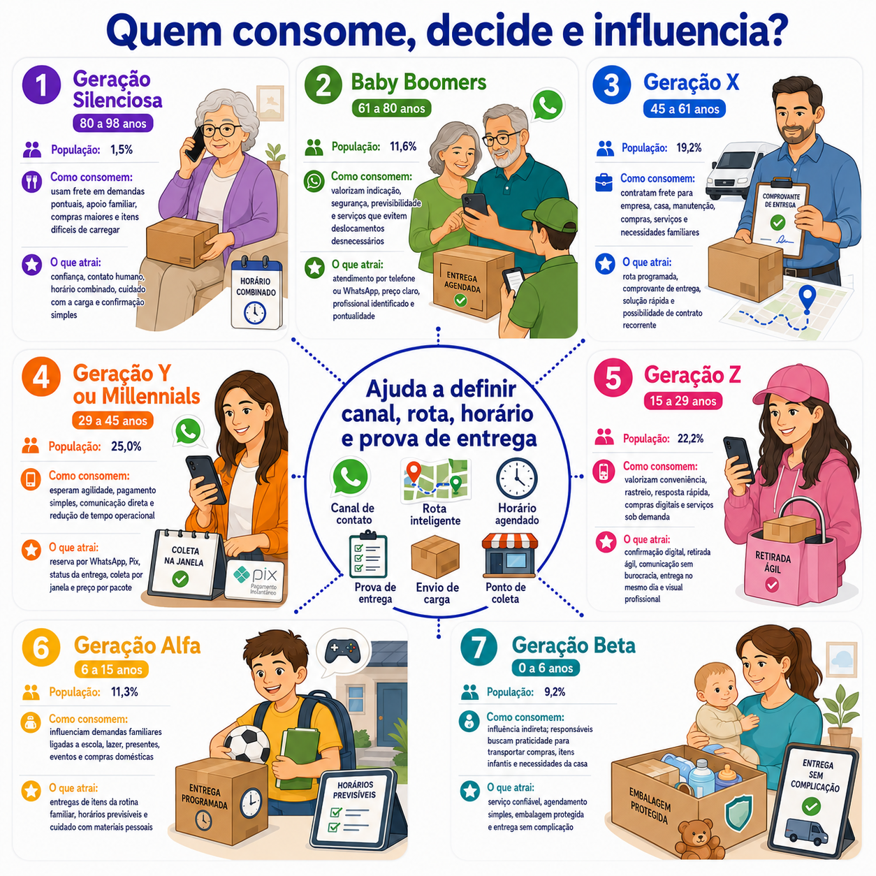 “Infográfico com radar geracional de consumo em Francisco Beltrão, mostrando como cada geração influencia a contratação de frete urbano, canais de atendimento, horários, rotas e prova de entrega.”