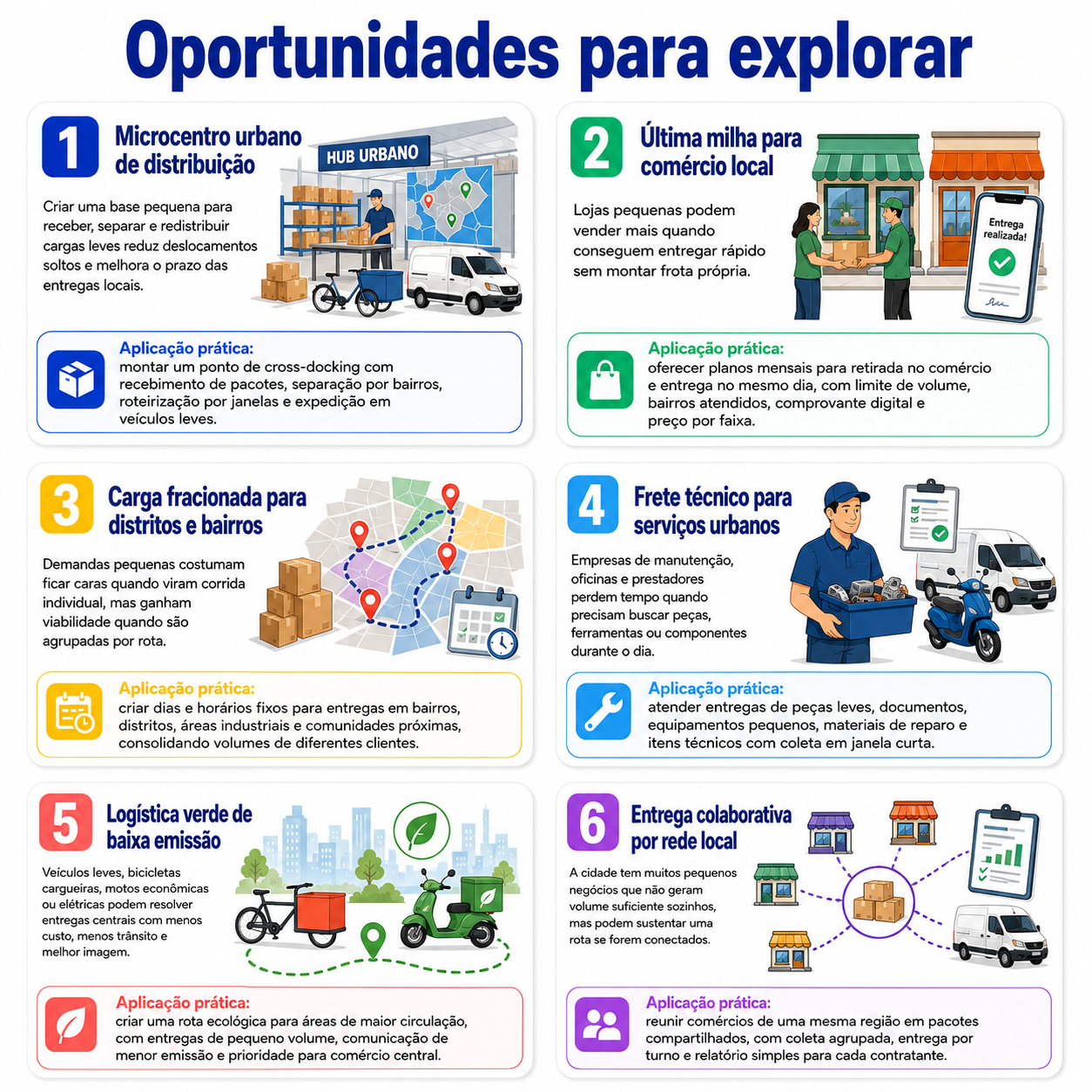 “Infográfico com seis oportunidades para abrir uma microdistribuição urbana de cargas em Francisco Beltrão, incluindo microcentro, última milha, carga fracionada, frete técnico, logística verde e rede colaborativa.”
