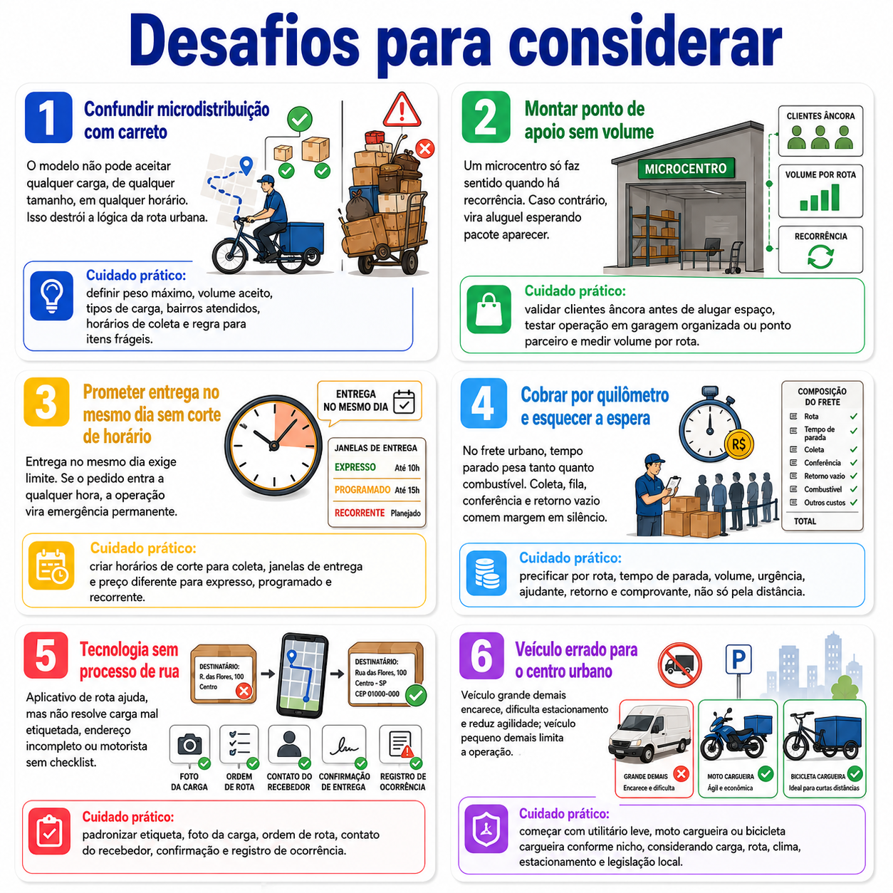 “Infográfico com seis desafios para considerar antes de abrir uma microdistribuição urbana, com cuidados sobre foco, volume, horários, preço, processos e escolha do veículo.”