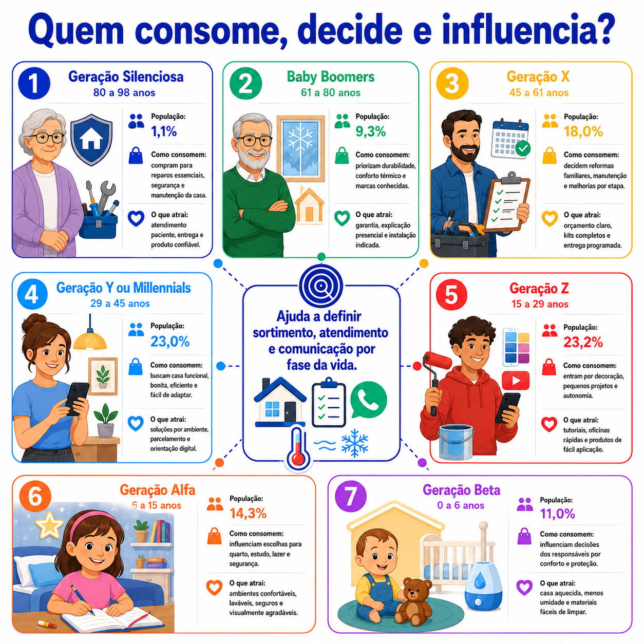 “Infográfico com radar geracional de consumo para loja de reforma em Palmas, mostrando idade, participação populacional, comportamento de compra e fatores de atração de cada geração.”