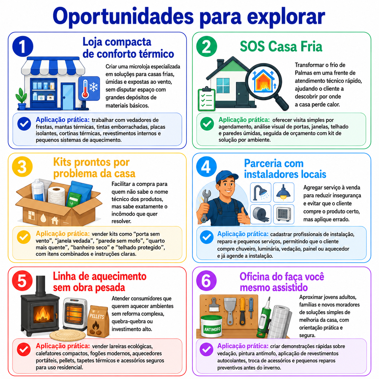“Infográfico com seis oportunidades para abrir uma loja de materiais de construção voltada a casas frias, incluindo conforto térmico, controle de umidade, kits de reforma, acabamento, oficinas práticas e eficiência doméstica.”