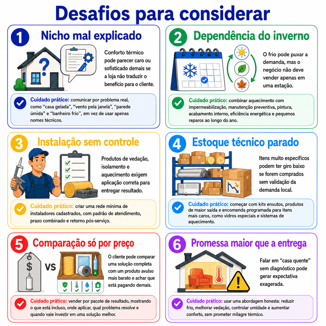 “Infográfico com seis desafios para abrir uma loja de materiais de construção em Palmas, abordando estoque, explicação técnica, sazonalidade, instalação, preço e comunicação do negócio.”