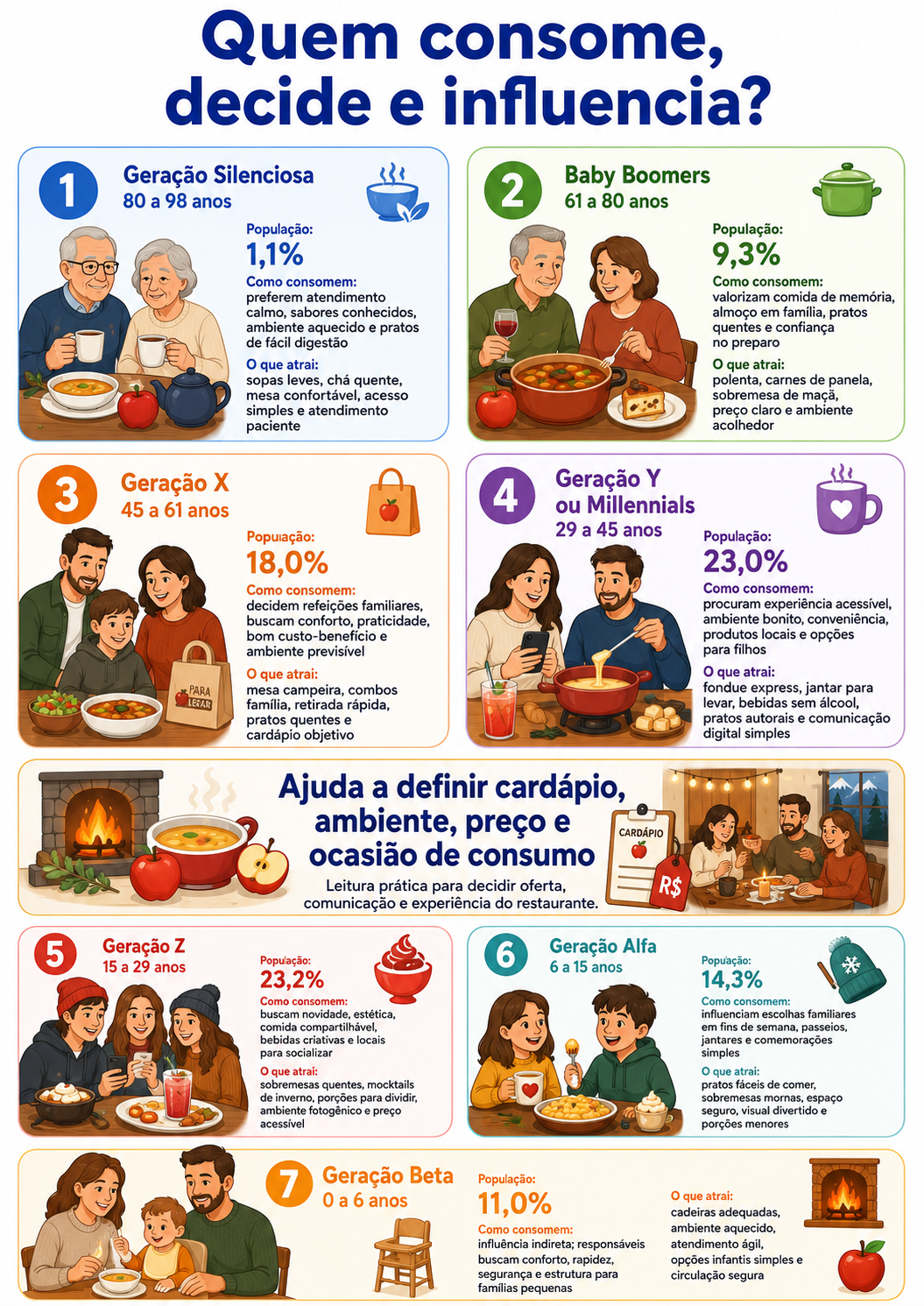 “Infográfico com radar geracional de consumo em Palmas, mostrando como cada geração influencia restaurantes de inverno, refeições em família, pratos compartilháveis, bebidas sem álcool e comida para levar.”