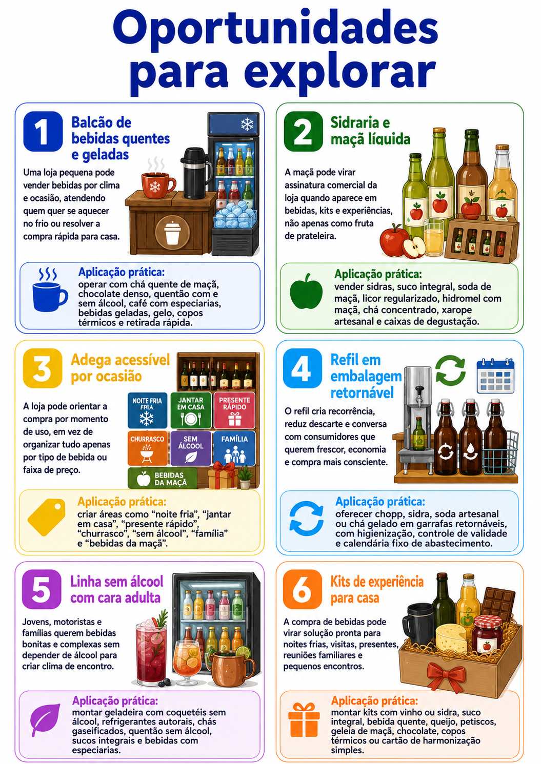 “Infográfico com seis oportunidades para abrir uma loja de bebidas em Palmas, incluindo bebidas quentes, sidraria, adega por ocasião, refil retornável, linha sem álcool e kits para casa.”