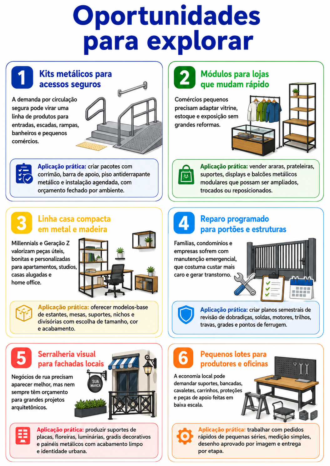 “Infográfico com seis oportunidades para abrir uma serralheria sob medida em União da Vitória, incluindo acessibilidade, módulos comerciais, casa compacta e reparo programado.”