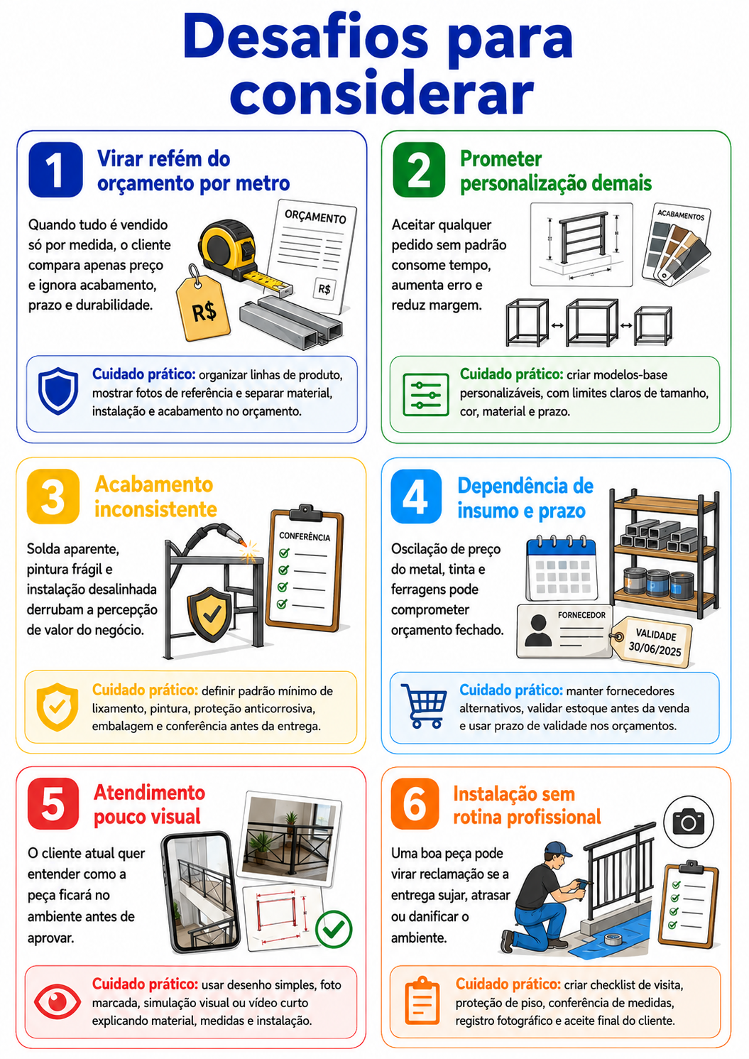 “Infográfico com seis desafios para abrir uma serralheria, destacando orçamento, personalização, acabamento, insumos, atendimento visual e instalação profissional.”