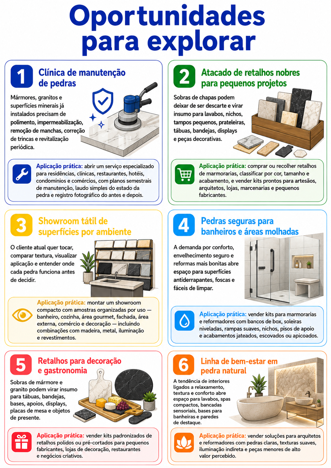 “Infográfico com seis oportunidades para abrir um atacado de mármores e granitos, incluindo fracionamento, showroom de amostras, retalhos e estoque rápido.”