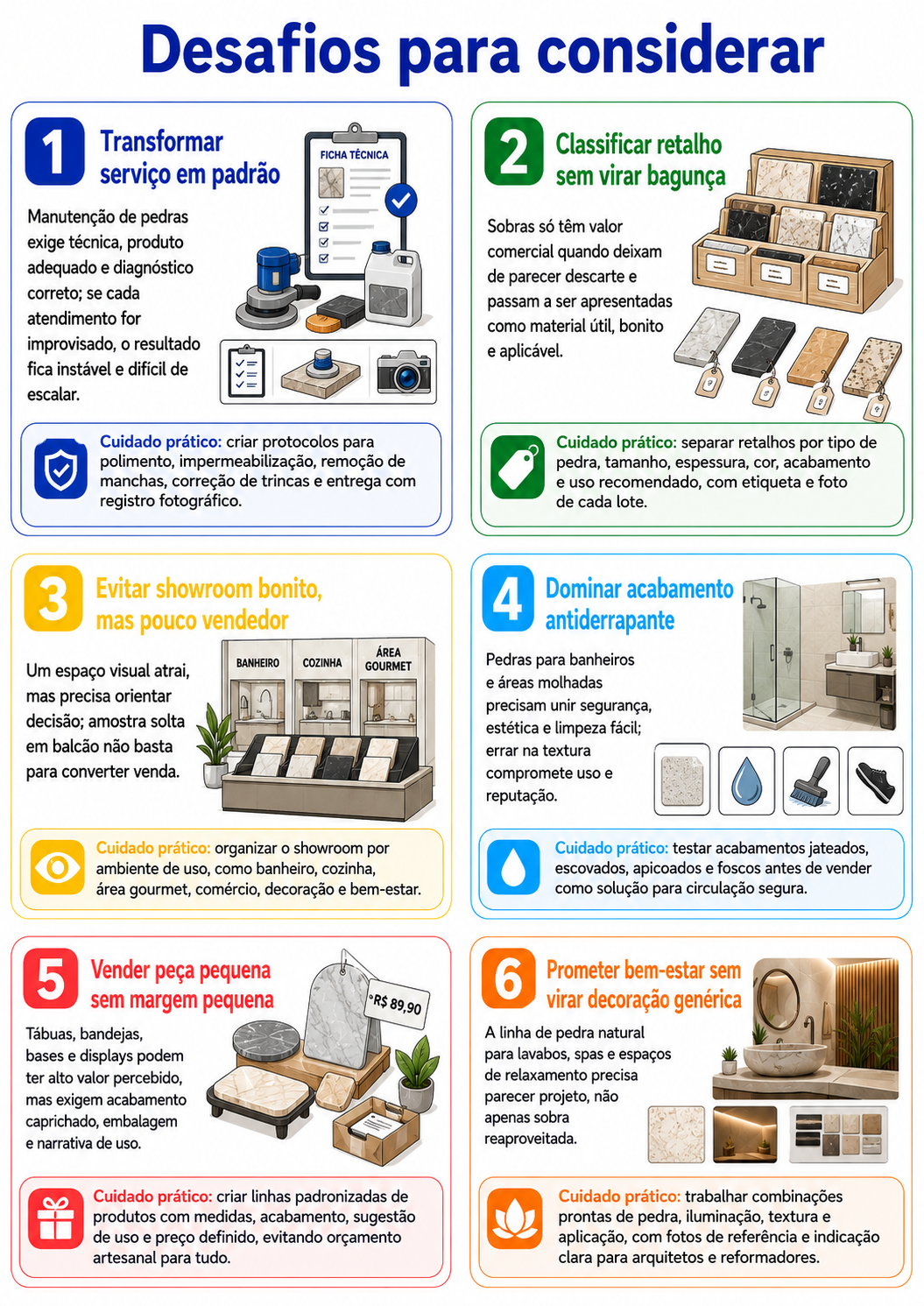 “Infográfico com seis desafios para abrir um atacado de mármores e granitos, destacando estoque, frete, venda técnica, retalhos, operação e concorrência por preço.”