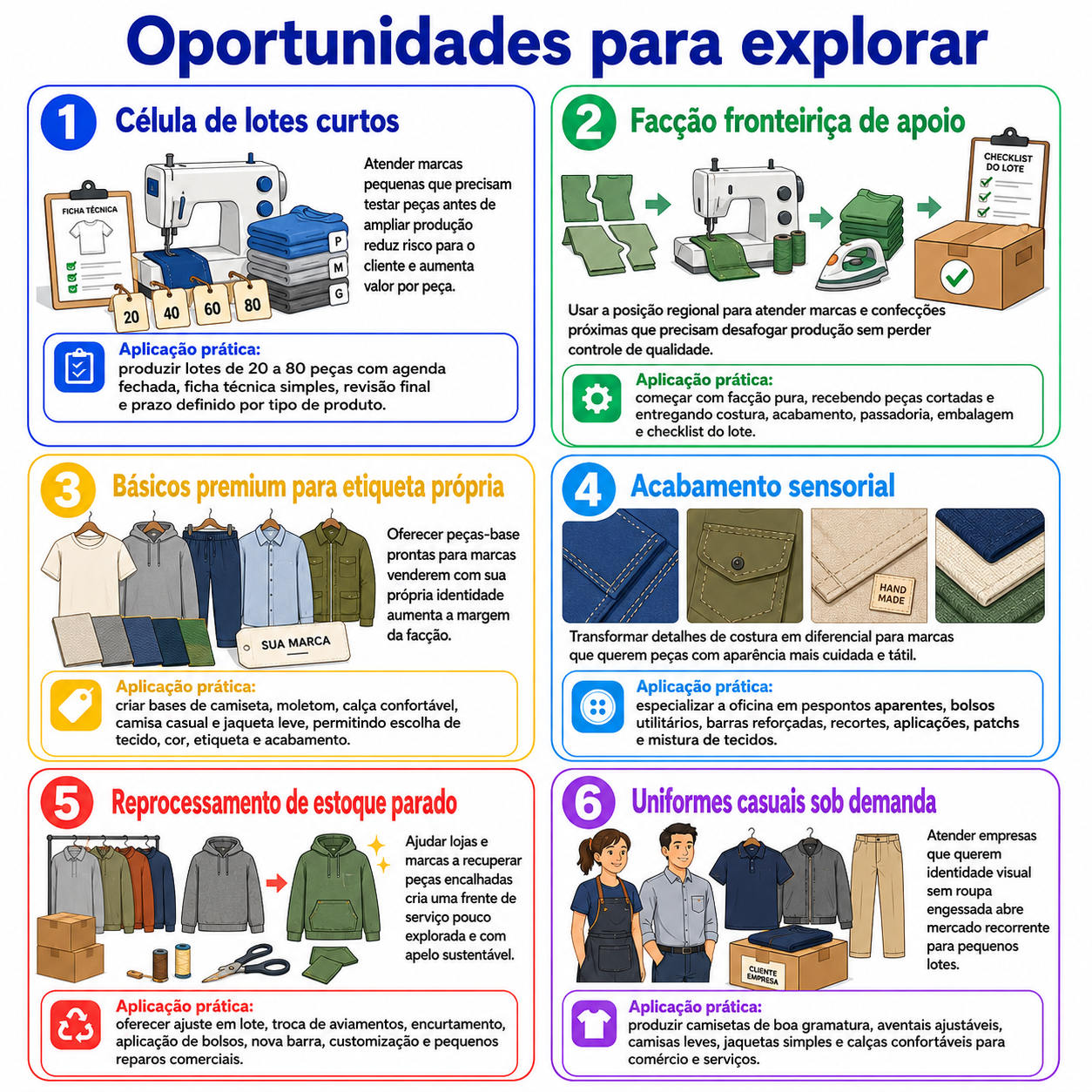 “Infográfico com seis oportunidades para abrir uma facção em União da Vitória, incluindo lotes curtos, apoio regional, básicos para etiqueta própria, acabamento sensorial, reprocessamento de estoque e uniformes casuais.”