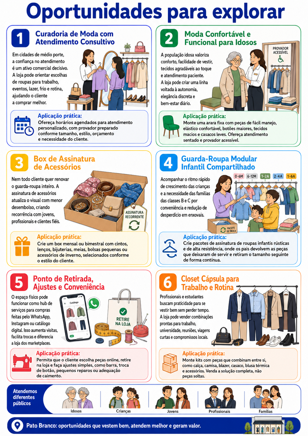 “Diagrama em cards coloridos exibindo seis oportunidades de abertura de pequenas empresas no setor, com ênfase em upcycling, aluguel de inverno e malas prontas para viagens.”