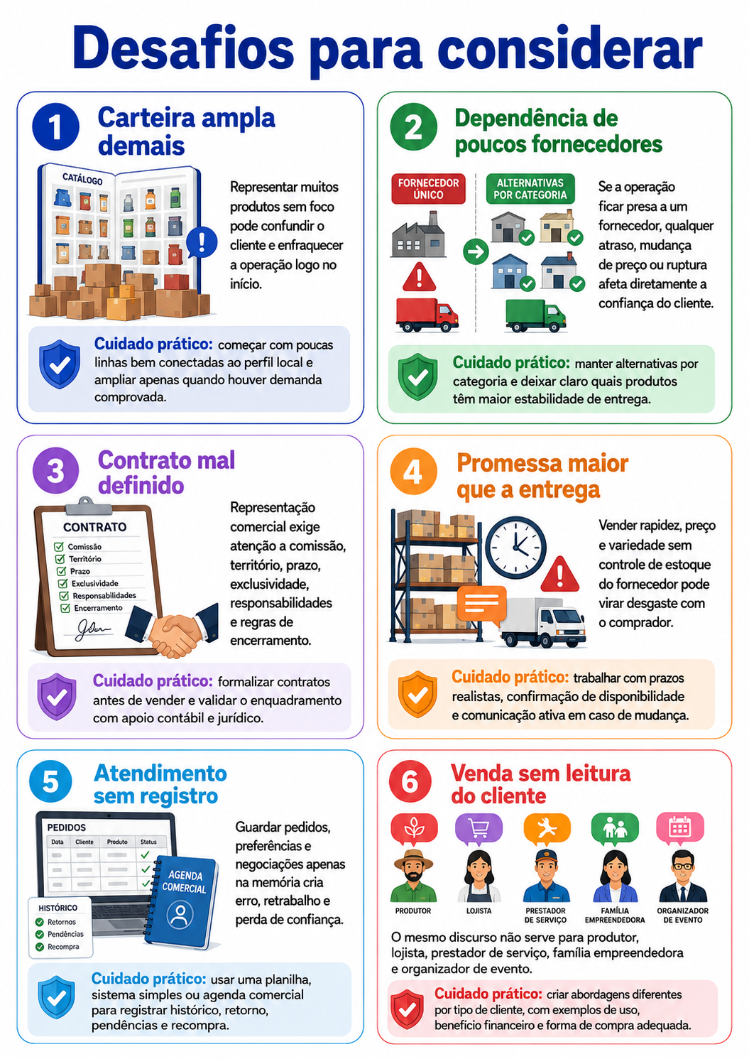 “Infográfico com seis desafios para considerar antes de abrir uma representação comercial em Mangueirinha, com cuidados práticos sobre carteira, fornecedores, contrato, entrega, registro e abordagem.”