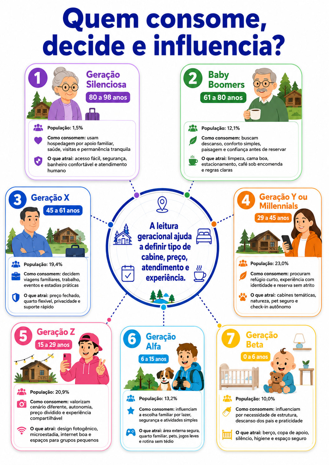“Infográfico com radar geracional de consumo para hospedagem alternativa em Mangueirinha, indicando idade, população, forma de consumo e fatores de atração por geração.”