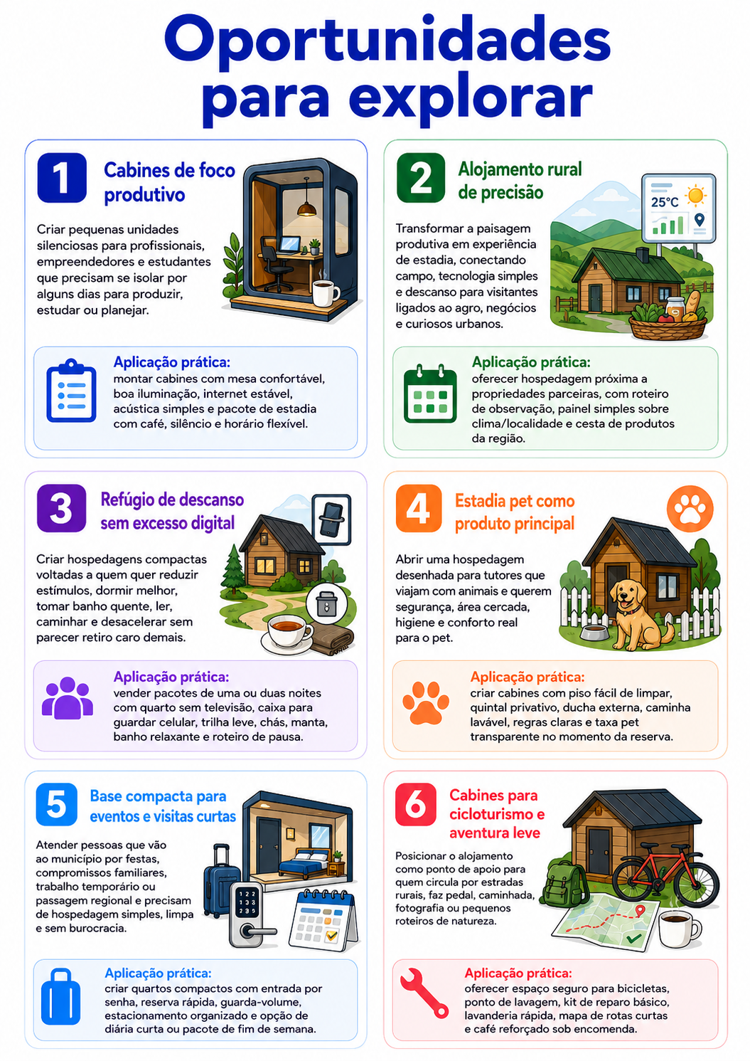 “Infográfico com seis oportunidades para abrir um negócio de alojamento alternativo em Mangueirinha, incluindo cabines de foco, estadia pet, base para eventos e aventura leve.”