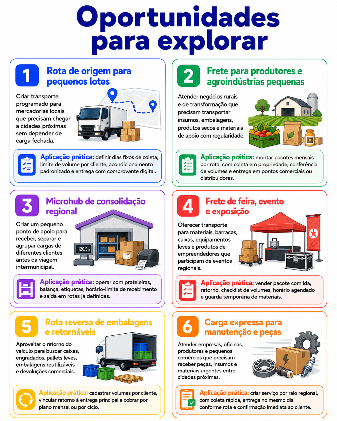 “Infográfico com seis oportunidades para abrir um negócio de transporte regional em São Mateus do Sul, incluindo rota de origem, microhub, frete de eventos e carga expressa.”