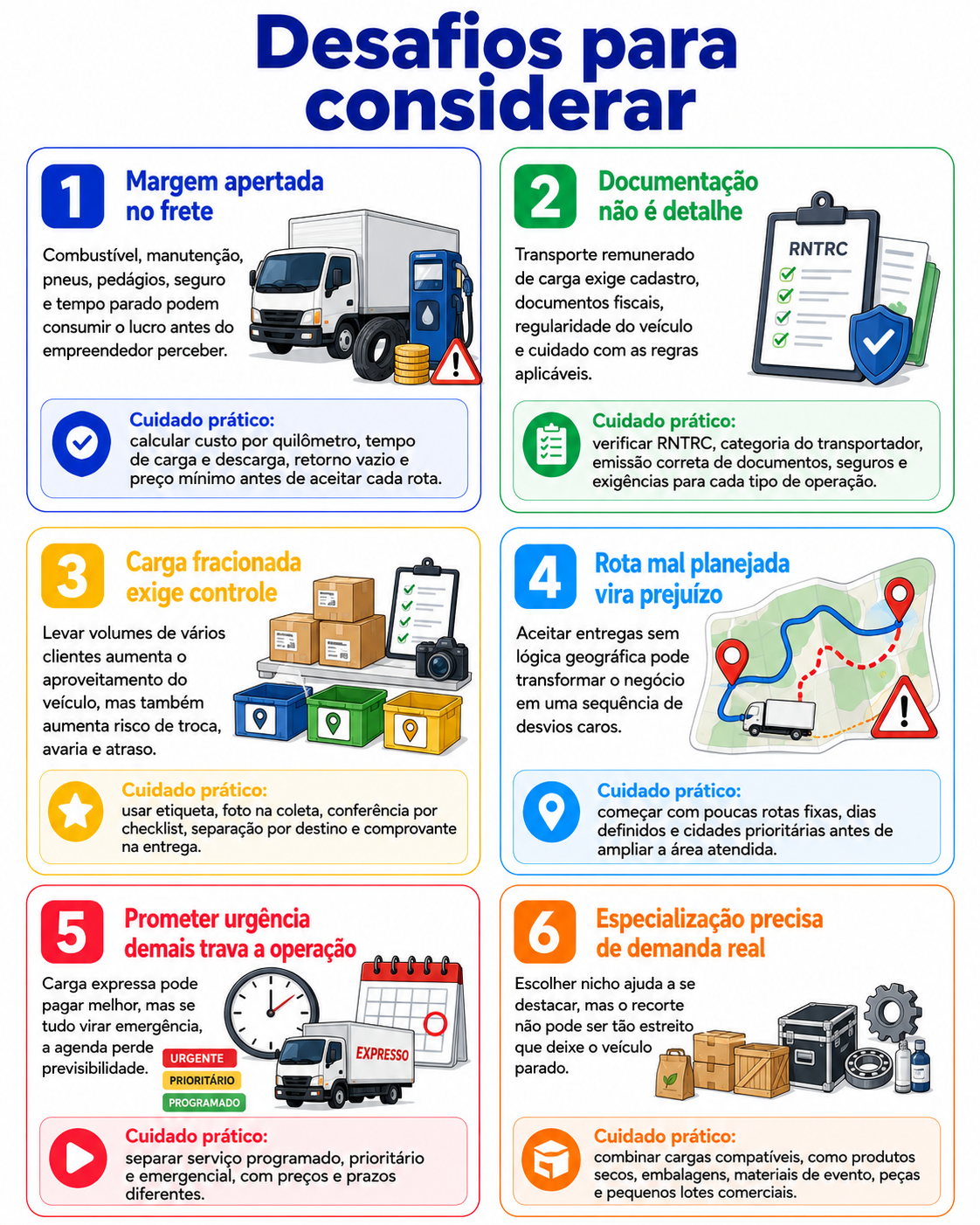 “Infográfico com seis desafios para considerar ao abrir um negócio de transporte de carga em São Mateus do Sul, abordando margem, documentação, carga fracionada, rota, urgência e nicho.”