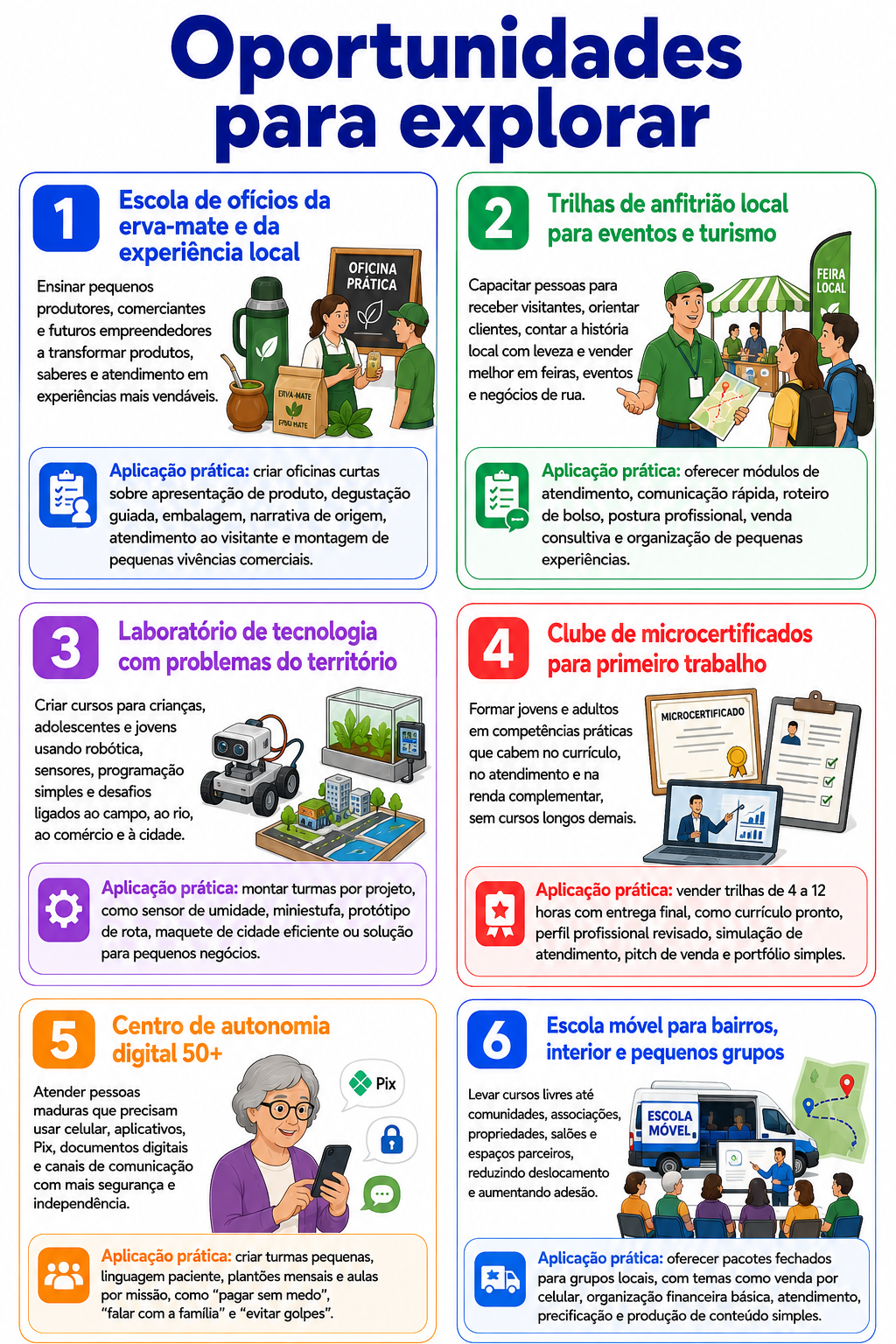 “Infográfico com seis oportunidades para abrir um negócio de ensino livre em São Mateus do Sul, conectando cursos práticos, tecnologia, território, trabalho e autonomia digital.”
