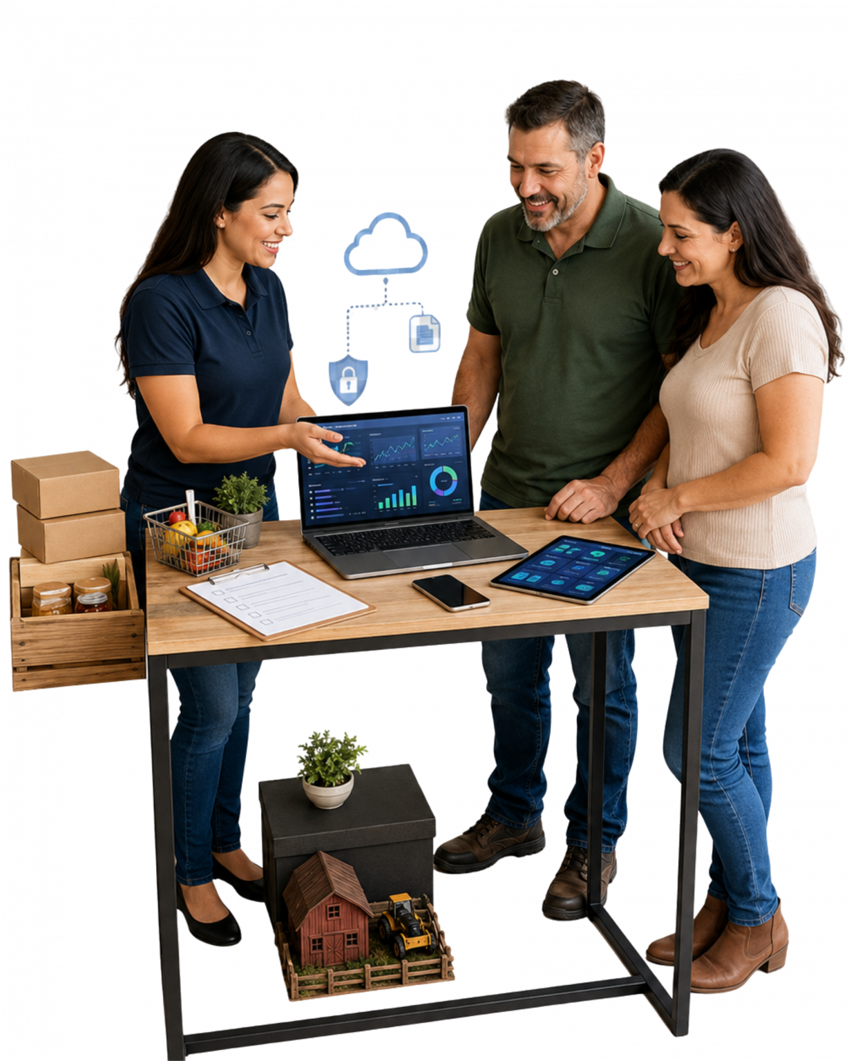 “Imagem realista de atendimento consultivo em tecnologia para pequenos negócios, com pessoas analisando soluções digitais em uma mesa de trabalho limpa e profissional.”
