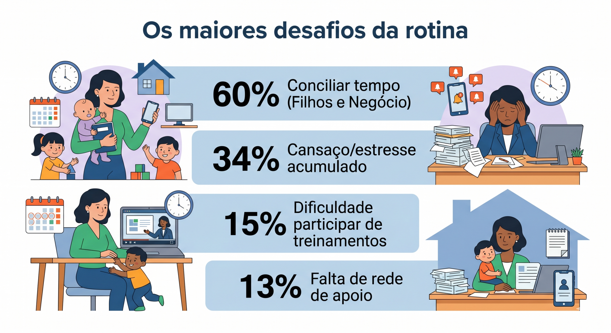 “Imagem editorial apresentando os principais desafios das mães empreendedoras, com foco em gestão do tempo, cansaço e dificuldade de equilibrar múltiplas responsabilidades.”