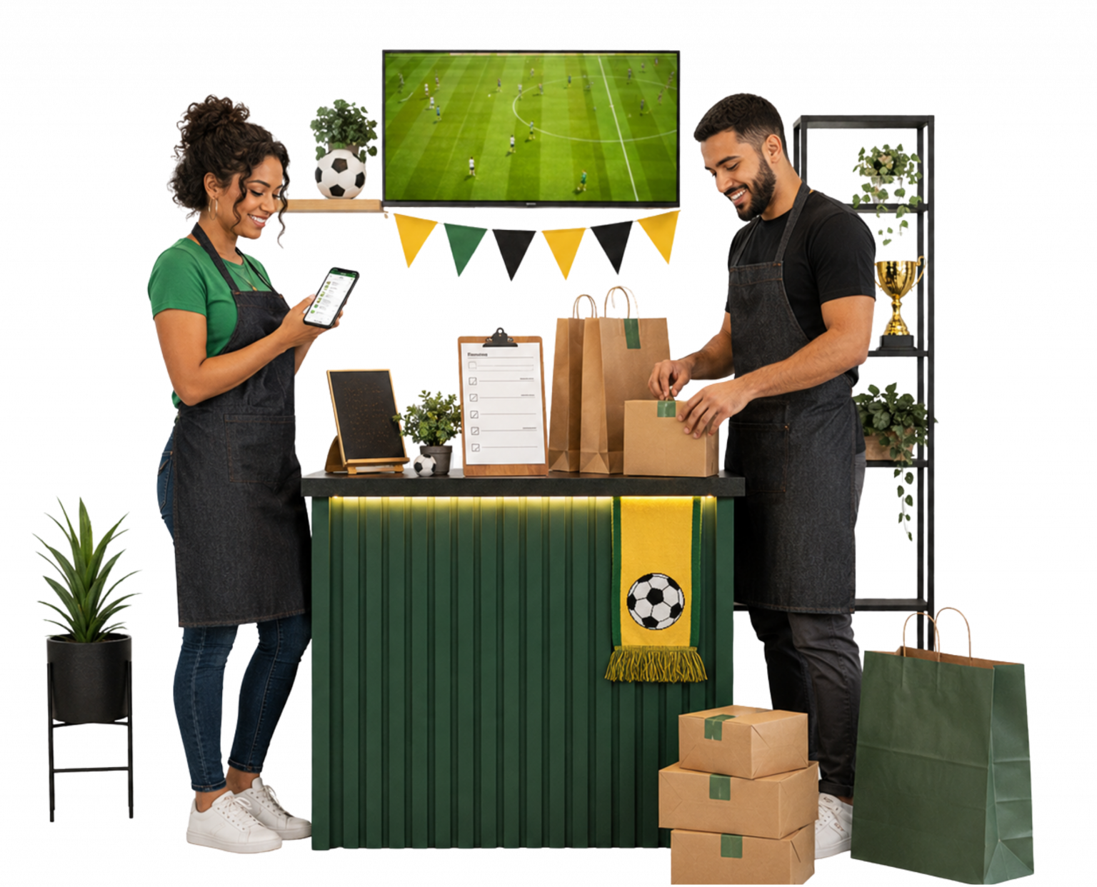 “Cena realista de pequenos empreendedores preparando atendimento, pedidos e ambiente com tema de futebol, representando organização comercial para aproveitar a Copa do Mundo.”