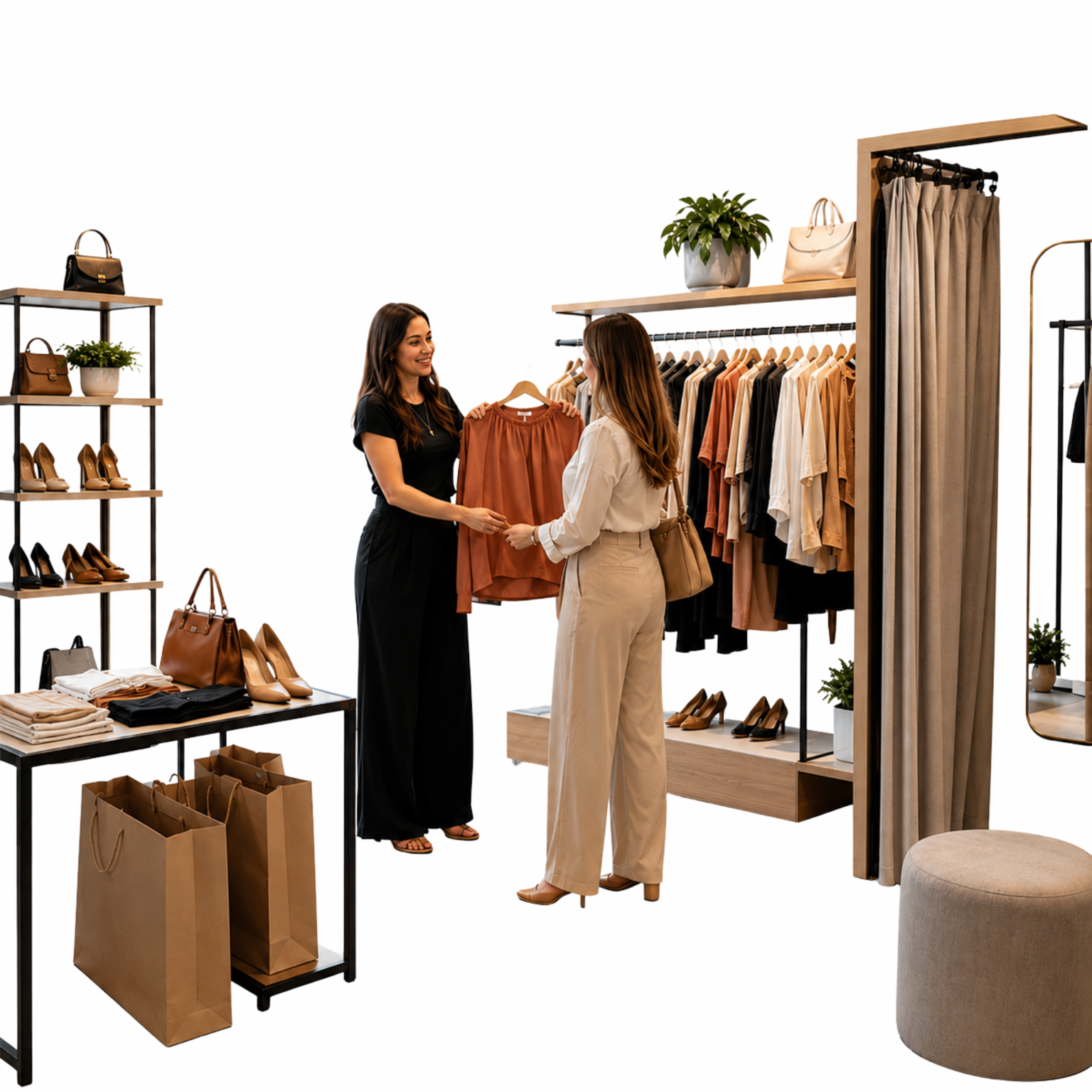 Imagem realista de uma loja de vestuário e acessórios compacta e organizada, com atendimento humano, peças coordenadas, acessórios, provador discreto e experiência de compra acessível em Dois Vizinhos.