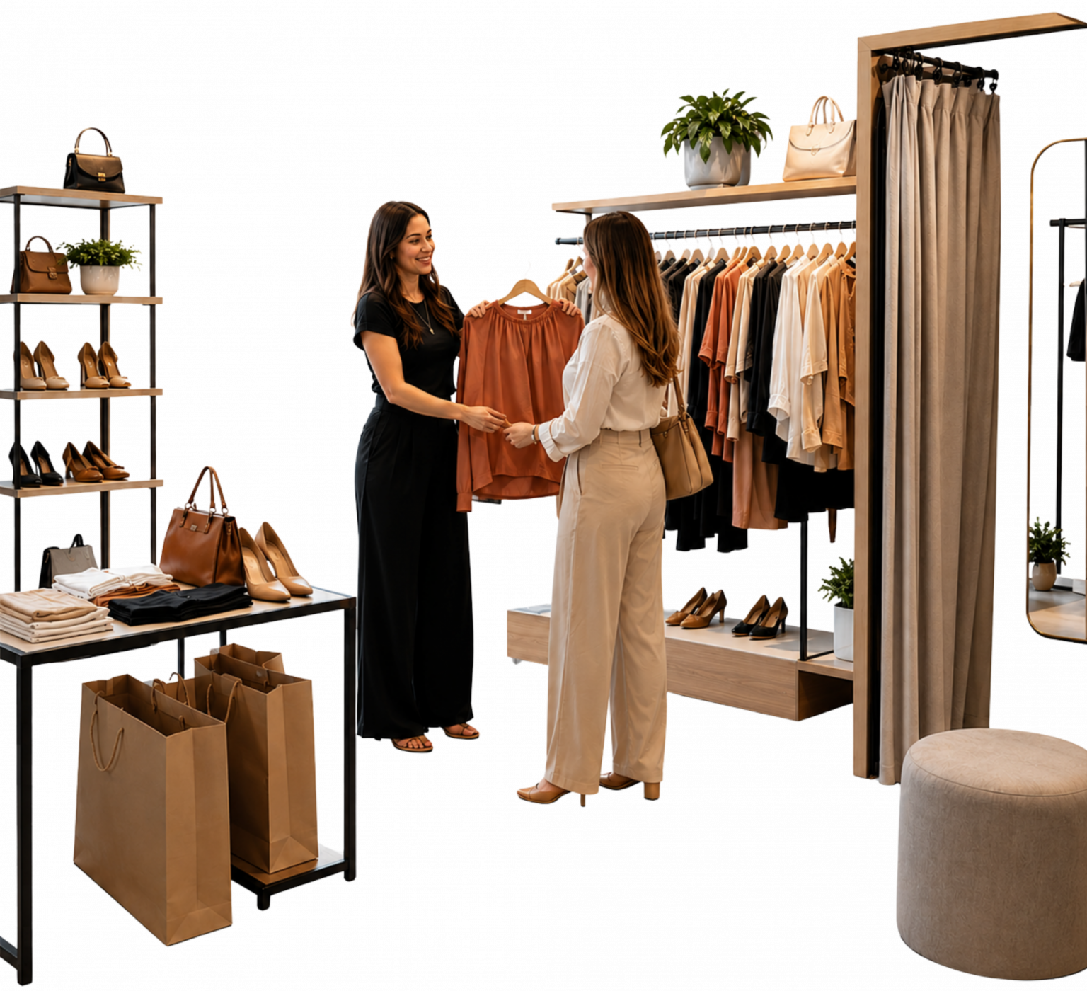 Imagem realista de uma loja de vestuário e acessórios compacta e organizada, com atendimento humano, peças coordenadas, acessórios, provador discreto e experiência de compra acessível em Dois Vizinhos.