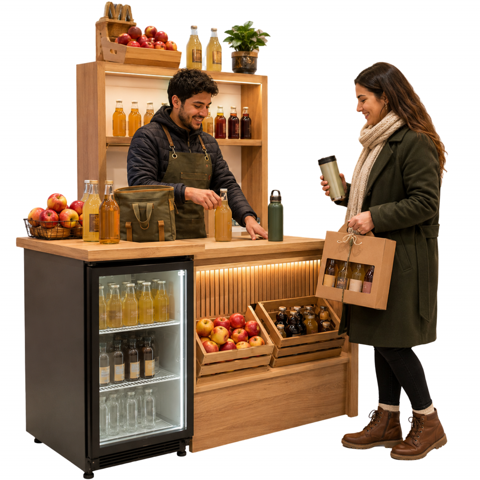 “Imagem realista de uma estação de bebidas de altitude em Palmas, com atendente, cliente, maçãs, sidra, bebidas quentes, garrafas retornáveis, kits e balcão compacto.”