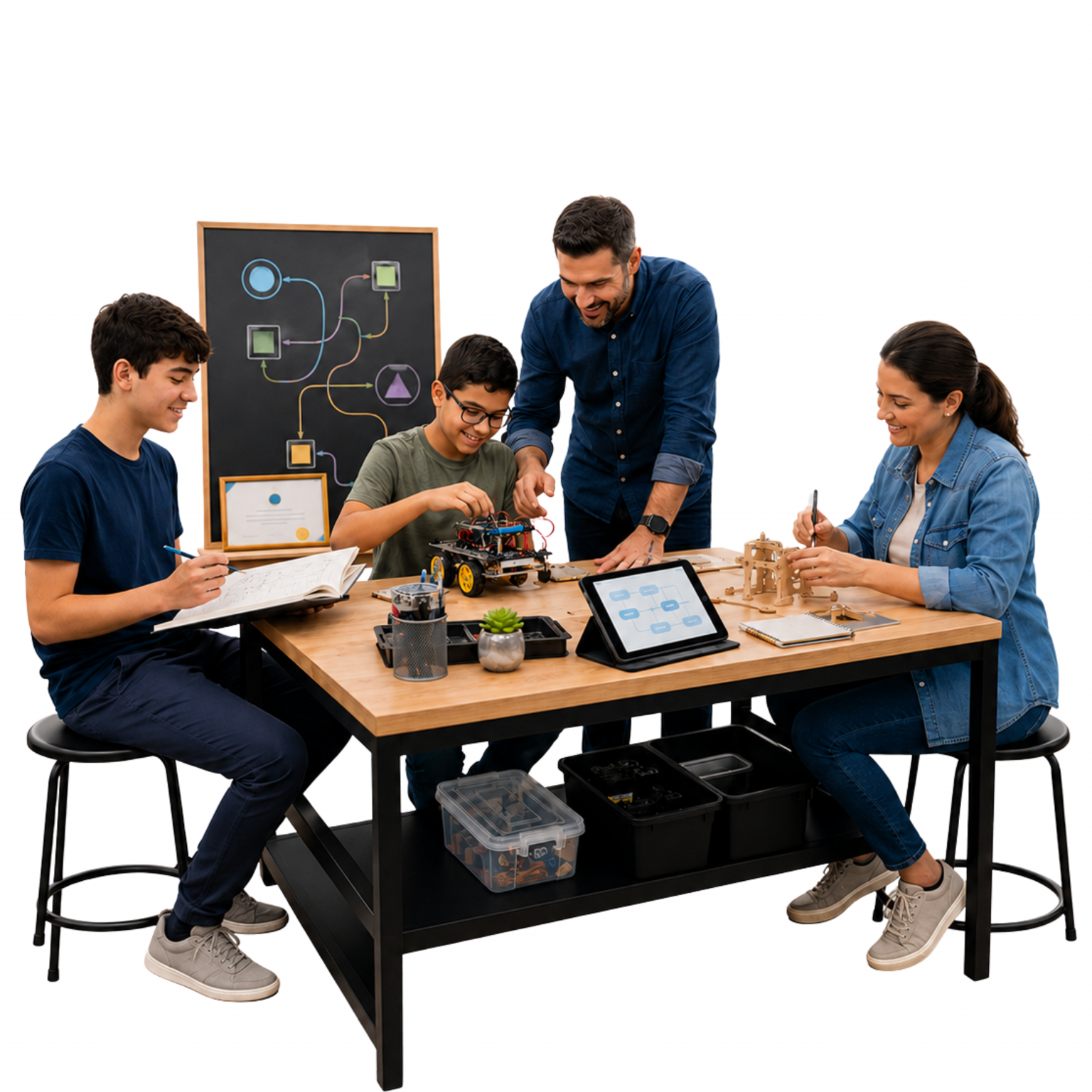 “Cena realista de professor orientando alunos de diferentes idades em uma escola compacta de habilidades práticas, com atividades de projeto, caderno e tecnologia leve.”