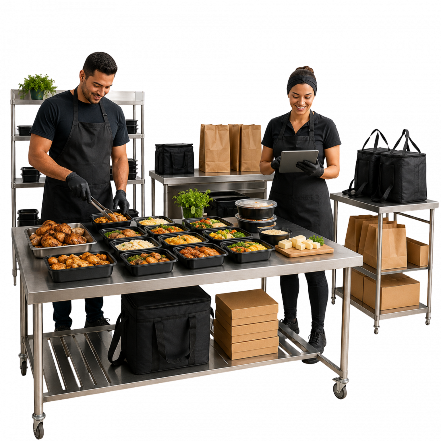 “Imagem realista de uma dark kitchen compacta e organizada em Dois Vizinhos, com refeições prontas, frango, embalagens térmicas, pedidos digitais e área de expedição limpa.”