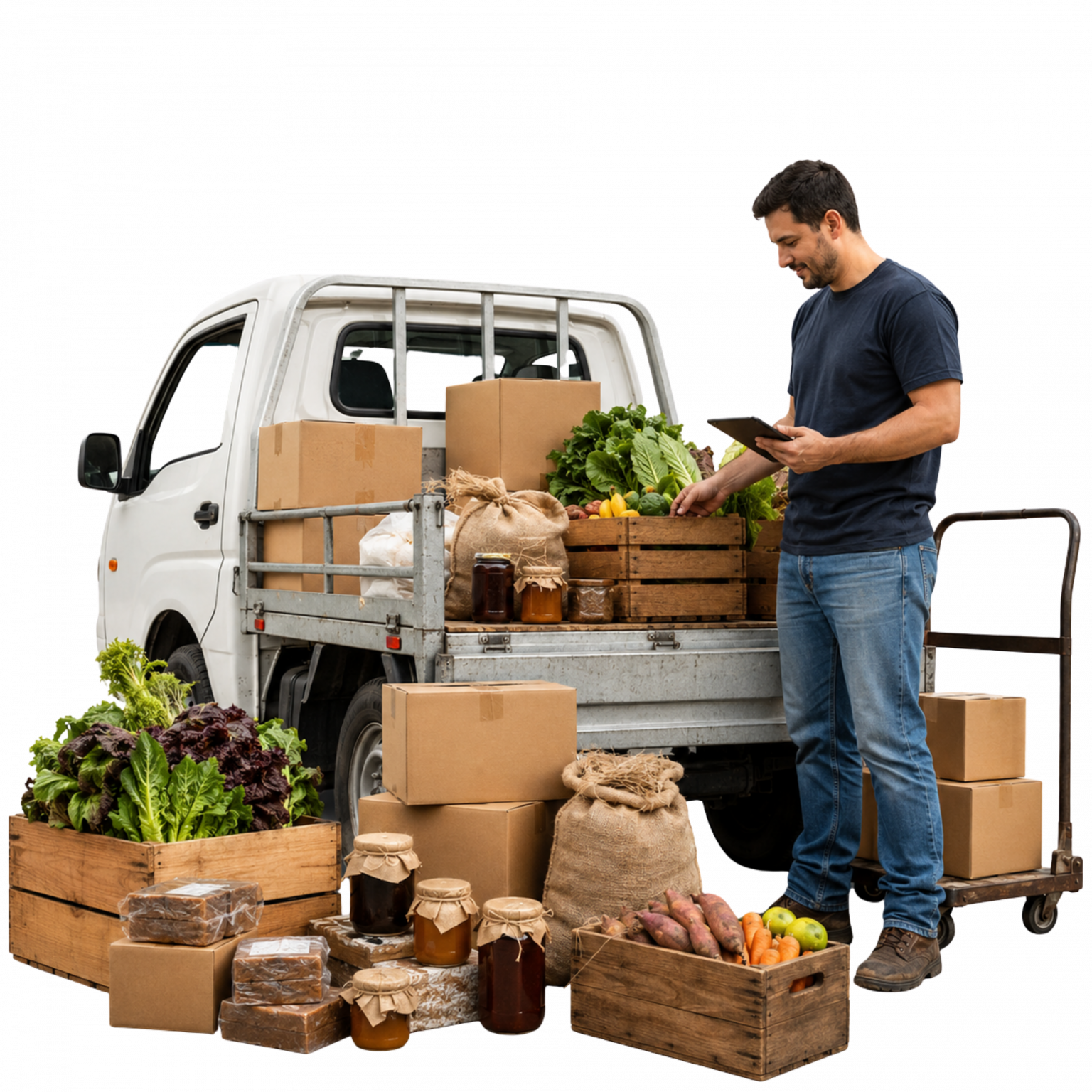 “Imagem realista de operação de frete municipal com veículo utilitário, caixas organizadas e produtos locais, representando uma oportunidade de negócio voltada a produtores, comércios e entregas em Capanema.”