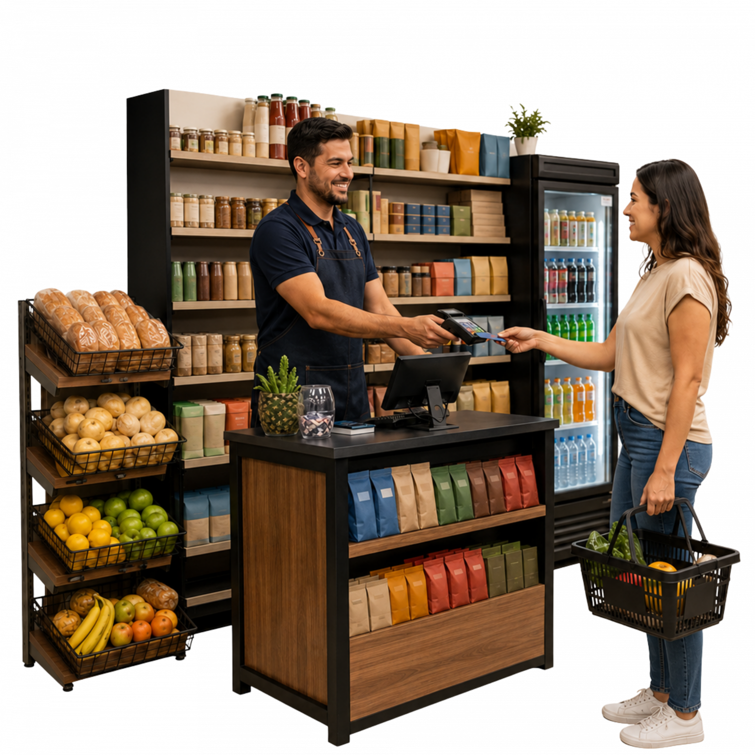 Imagem realista de um minimercado compacto, limpo e organizado, com atendimento humano, compra rápida, prateleiras, produtos essenciais e ambiente de bairro em Chopinzinho.