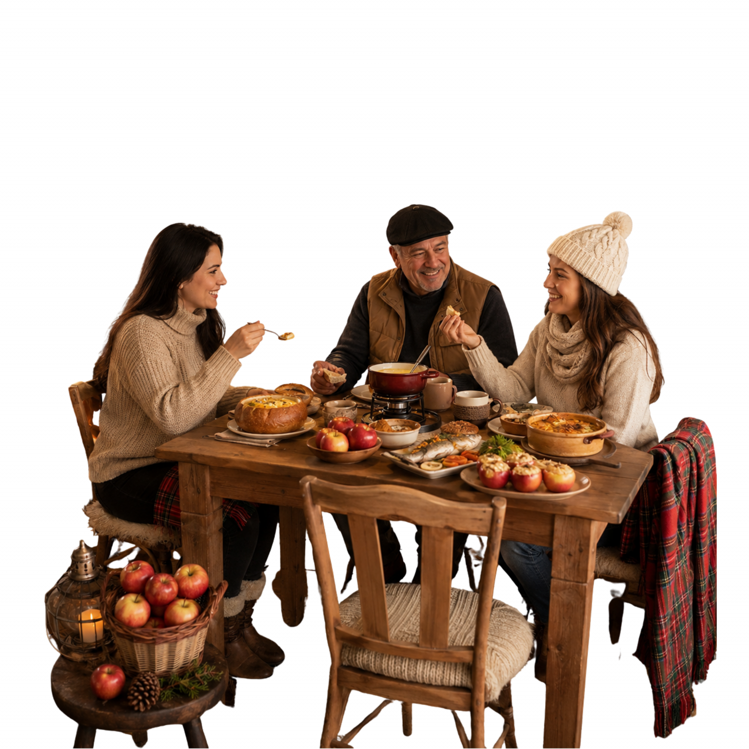 “Imagem realista de restaurante de inverno em Palmas, com caldo, fondue express, maçãs, truta, bebida quente sem álcool, sobremesa morna e ambiente acolhedor.”