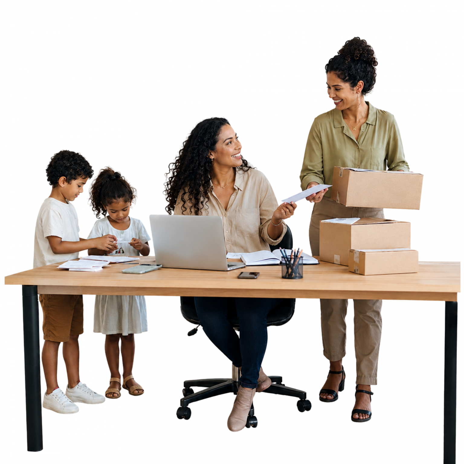 “Cena realista de mães empreendedoras organizando atividades de trabalho em ambiente profissional contemporâneo, representando liderança feminina, rotina empresarial e conciliação de responsabilidades.”