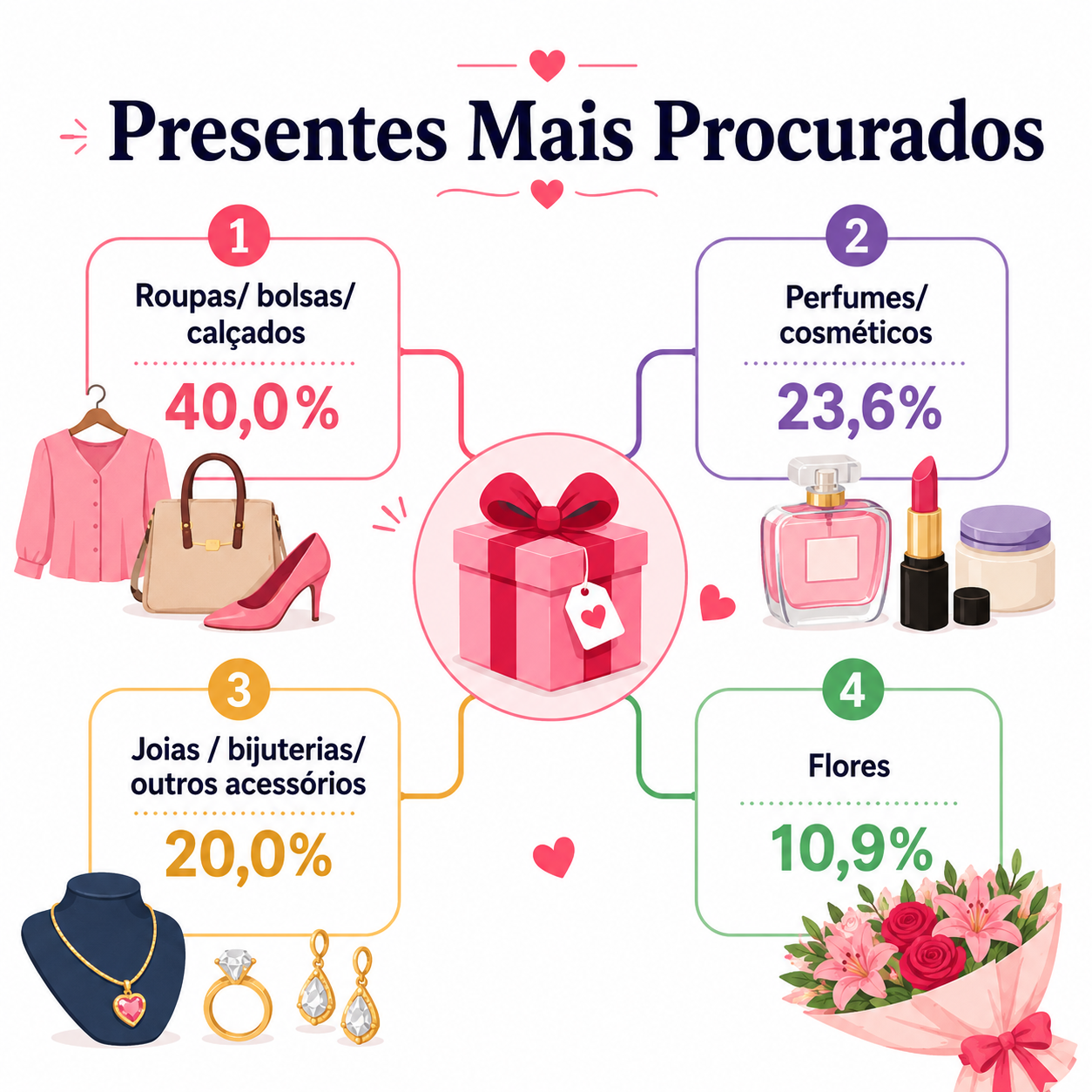 “Infográfico com as categorias de presentes mais procuradas para o Dia dos Namorados, destacando roupas, perfumes, acessórios e flores para facilitar a leitura das preferências de consumo.”