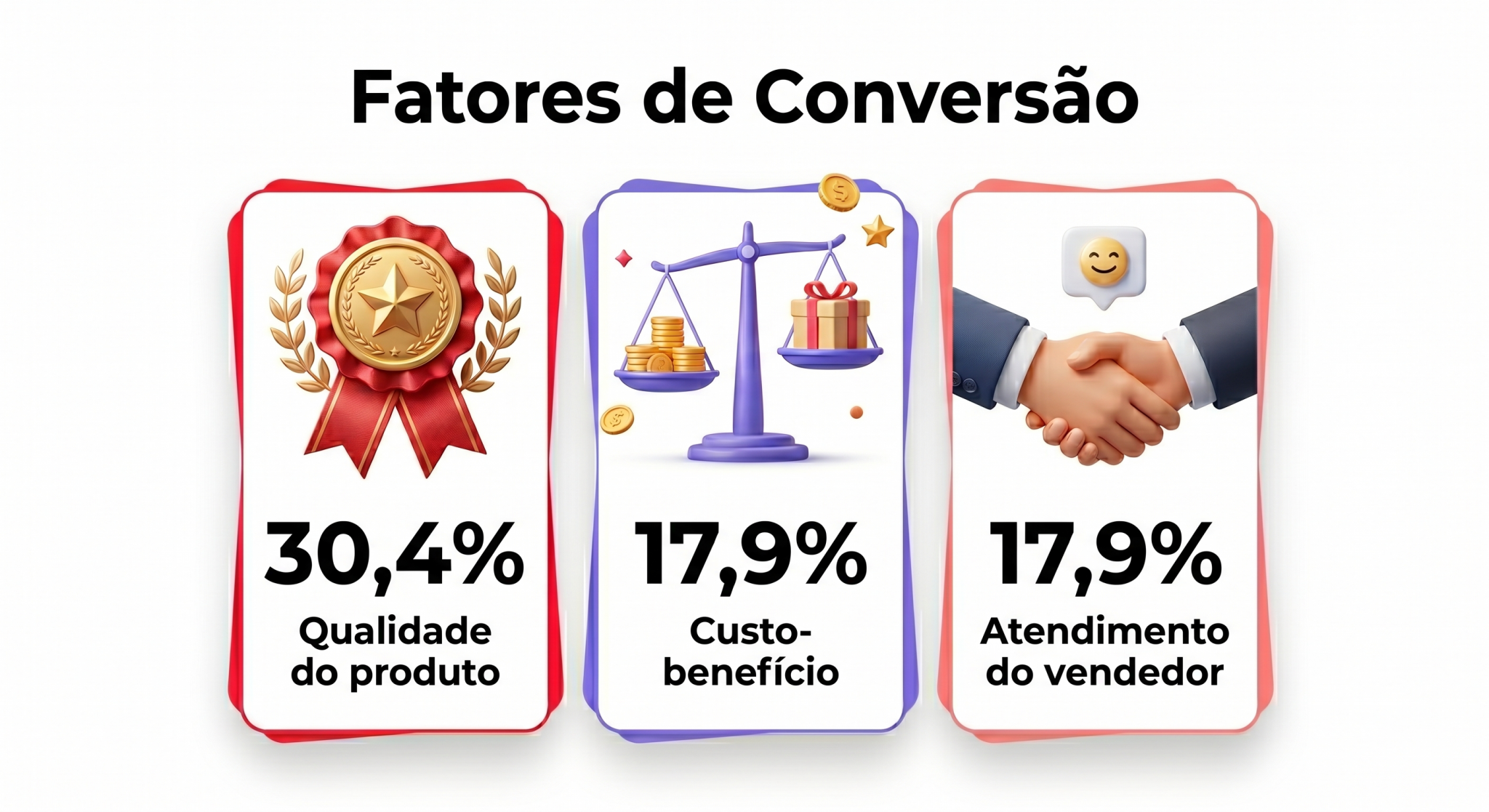“Gráfico em camadas demonstrando os principais fatores que influenciam a conversão no balcão. A qualidade do produto domina com 30,4%, seguida diretamente por custo-benefício e atendimento do vendedor, empatados com 17,9%.”