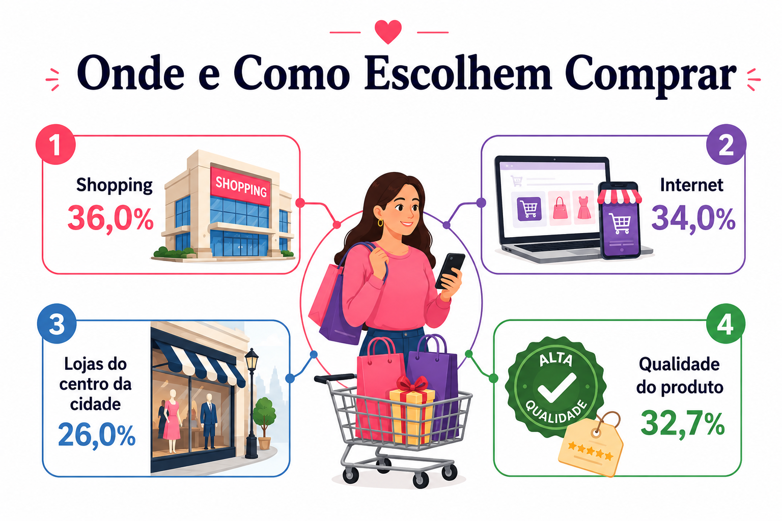 “Infográfico sobre intenção de compras norte, apresentando os principais locais de compra e o fator de qualidade do produto como elemento de decisão.”